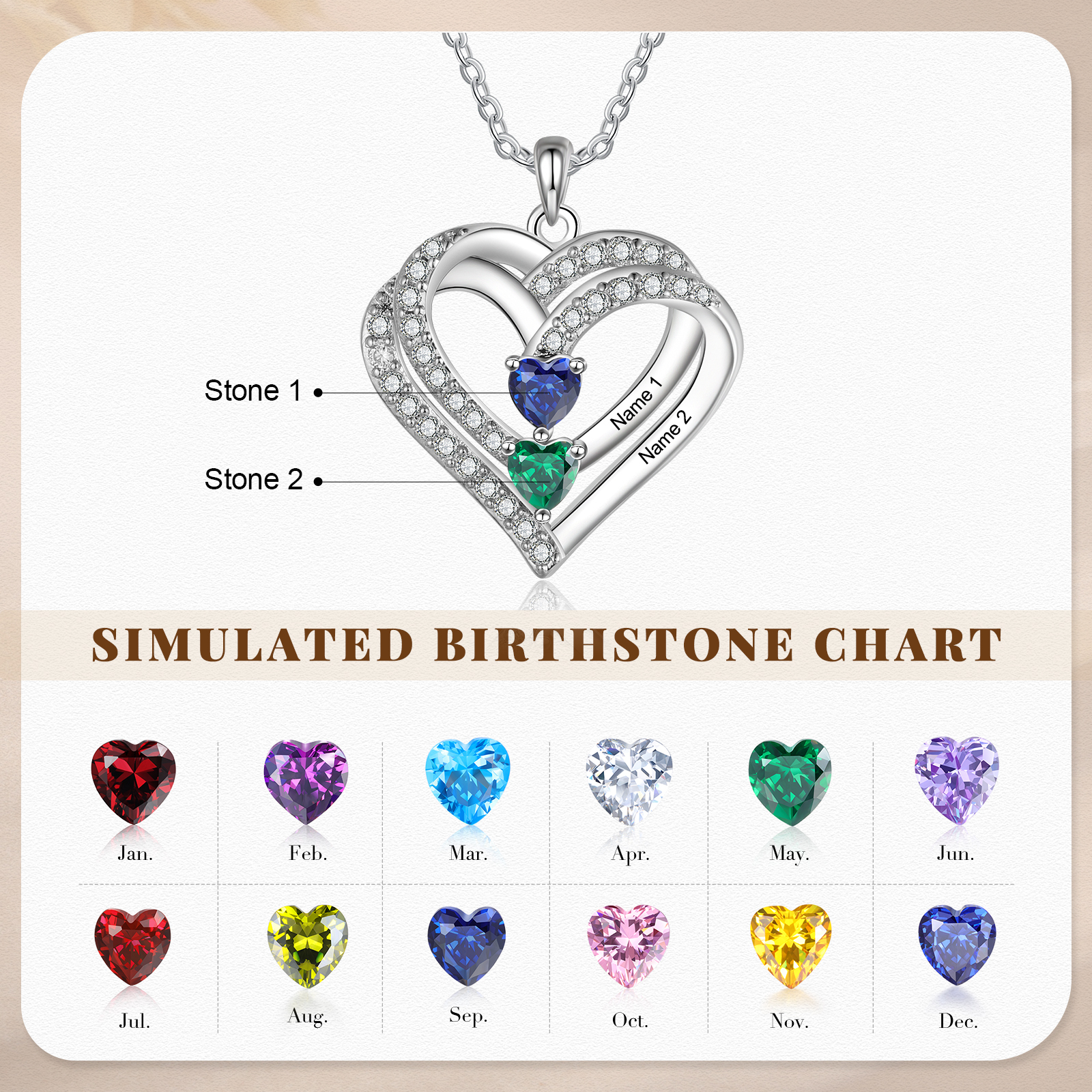 Collier Coeur Argent S925 2 Prénoms Personnalisés avec 2 Pierre de naissance pour Femmes Saint Valentin|Jessemade