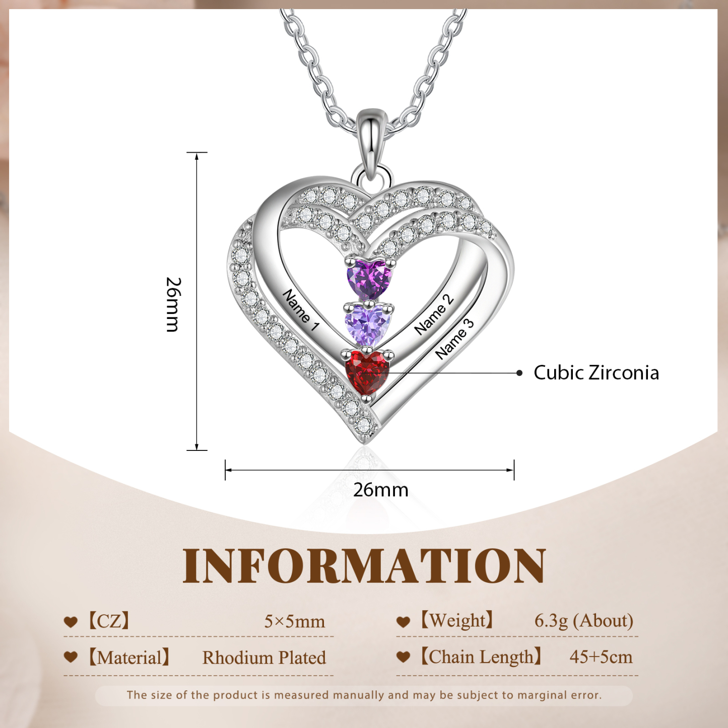 Collier Coeur en plaqué rhodium 3 Prénoms gravé Personnalisés avec Pierre de Naissance Collier Personnalisé Femme|Jessemade