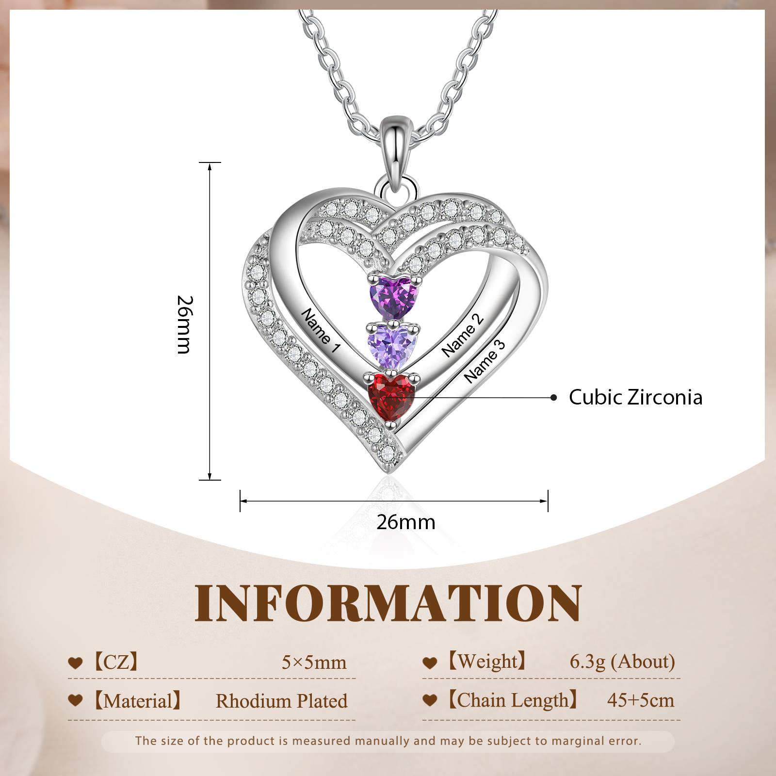 Collier Coeur en plaqué rhodium 3 Prénoms gravé Personnalisés avec Pierre de Naissance Collier Personnalisé Femme|Jessemade