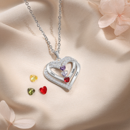 Collier Coeur en plaqué rhodium 3 Prénoms gravé Personnalisés avec Pierre de Naissance Collier Personnalisé Femme｜Jessemade
