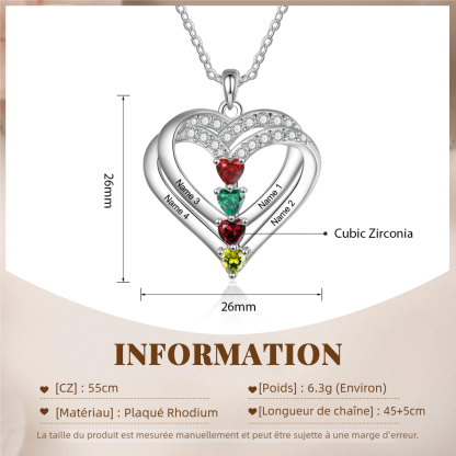 Collier Double Coeur 1-4 Prénoms Gravé avec Pierre de Naissance Collier Personnalisé Femme｜Jessemade