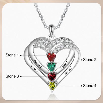 Collier Coeur Argent S925 4 Prénoms Personnalisés avec 4 Pierres de naissance pour Femmes Saint Valentin｜Jessemade