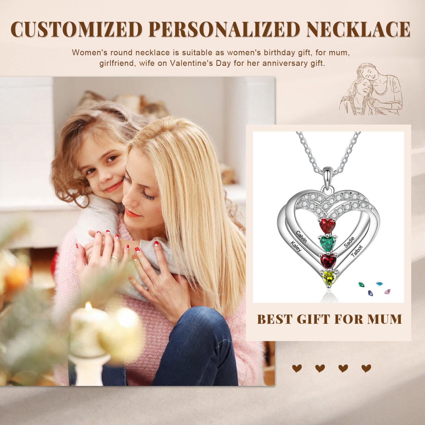 Collier Coeur Argent S925 4 Prénoms Personnalisés avec 4 Pierres de naissance pour Femmes Saint Valentin|Jessemade