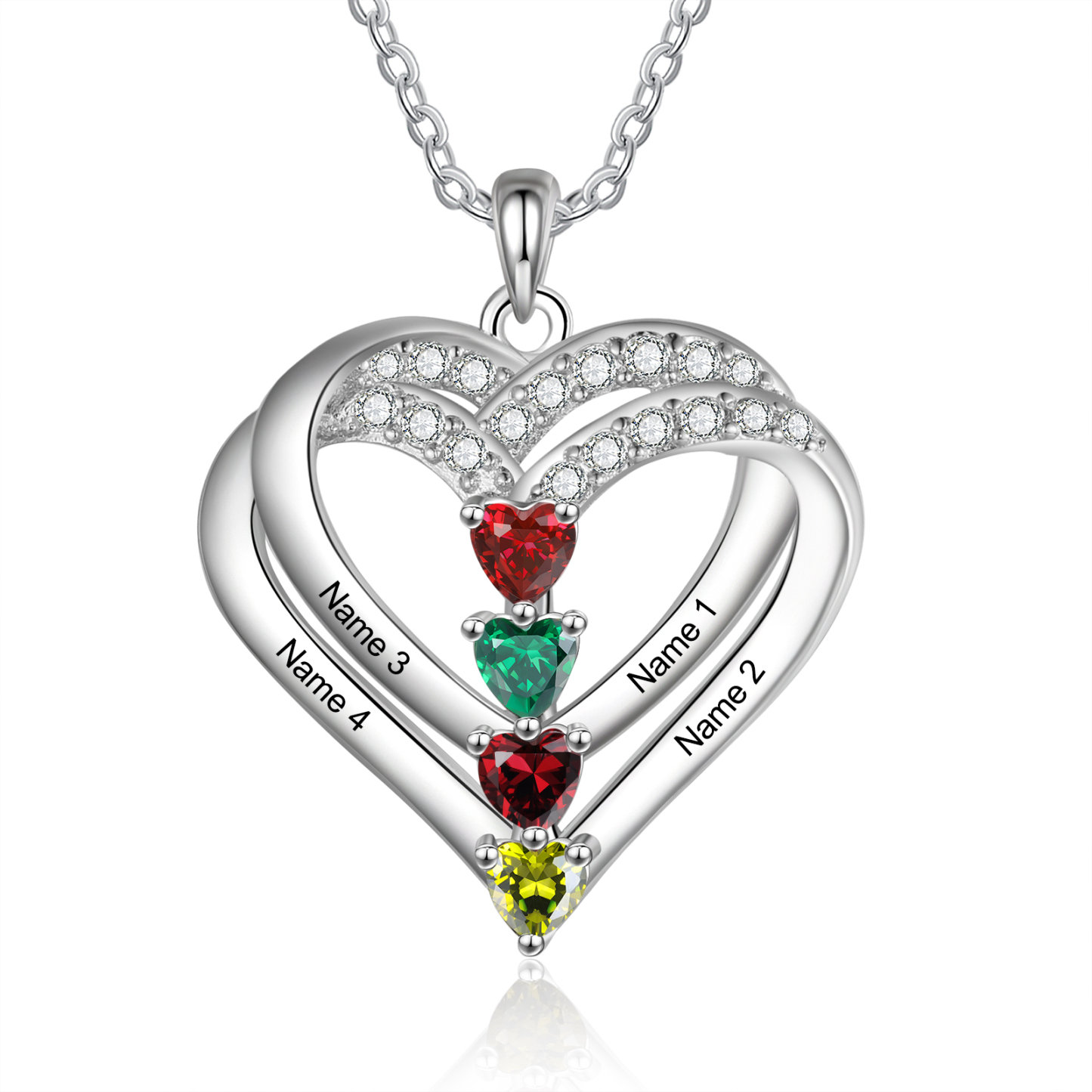 Collier Coeur Argent S925 4 Prénoms Personnalisés avec 4 Pierres de naissance pour Femmes Saint Valentin|Jessemade