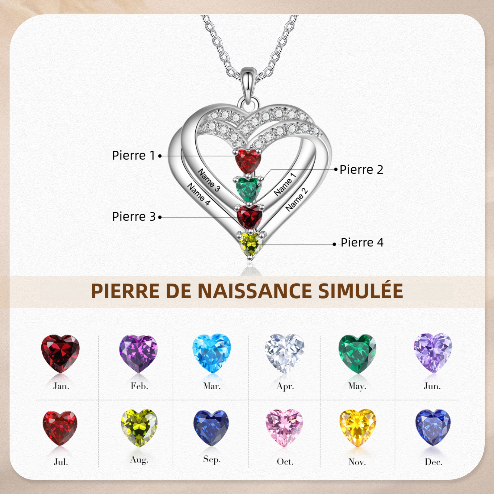 Collier Double Coeur 1-4 Prénoms Gravé avec Pierre de Naissance Collier Personnalisé Femme｜Jessemade