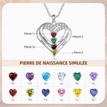 Collier Double Coeur 1-4 Prénoms Gravé avec Pierre de Naissance Collier Personnalisé Femme｜Jessemade
