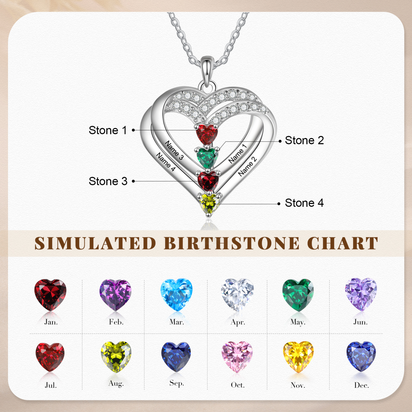 Collier Coeur Argent S925 4 Prénoms Personnalisés avec 4 Pierres de naissance pour Femmes Saint Valentin|Jessemade