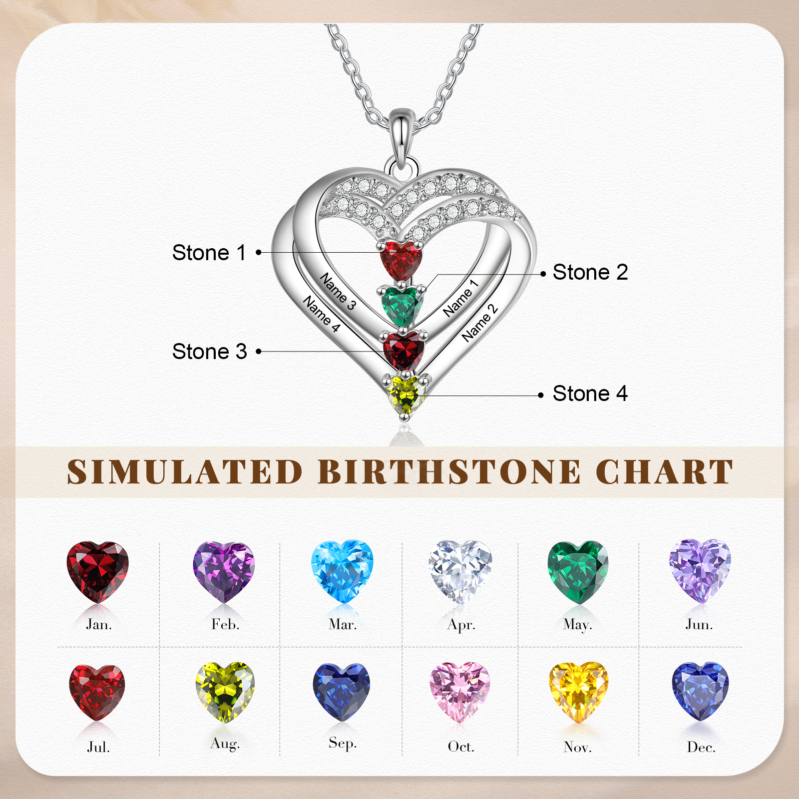 Collier Coeur Argent S925 4 Prénoms Personnalisés avec 4 Pierres de naissance pour Femmes Saint Valentin|Jessemade