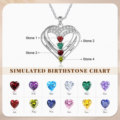 Collier Coeur Argent S925 4 Prénoms Personnalisés avec 4 Pierres de naissance pour Femmes Saint Valentin｜Jessemade