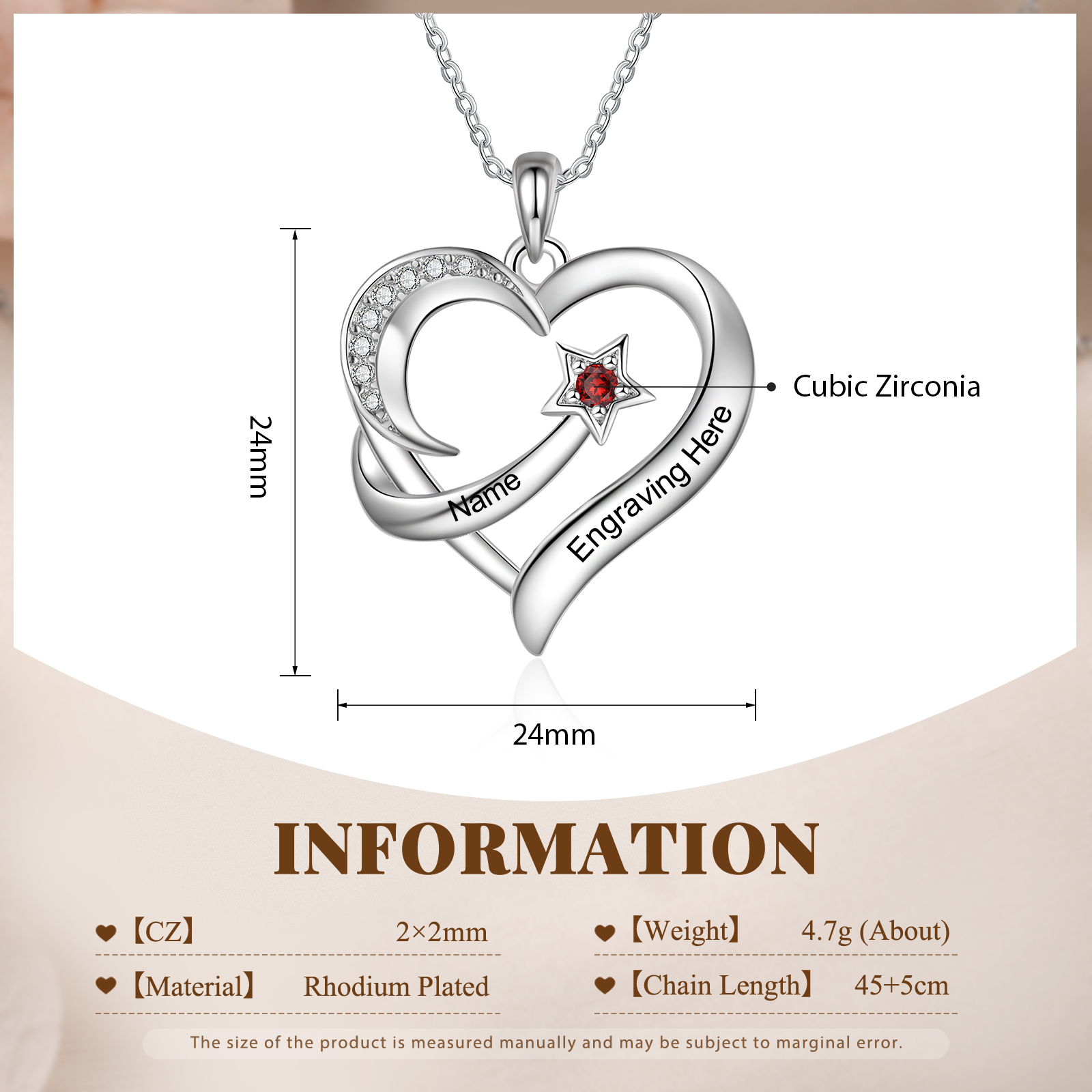 Collier cœur et étoile 1 Prénoms gravé Personnalisés avec Pierre de Naissance Collier Personnalisé Femme｜Jessemade