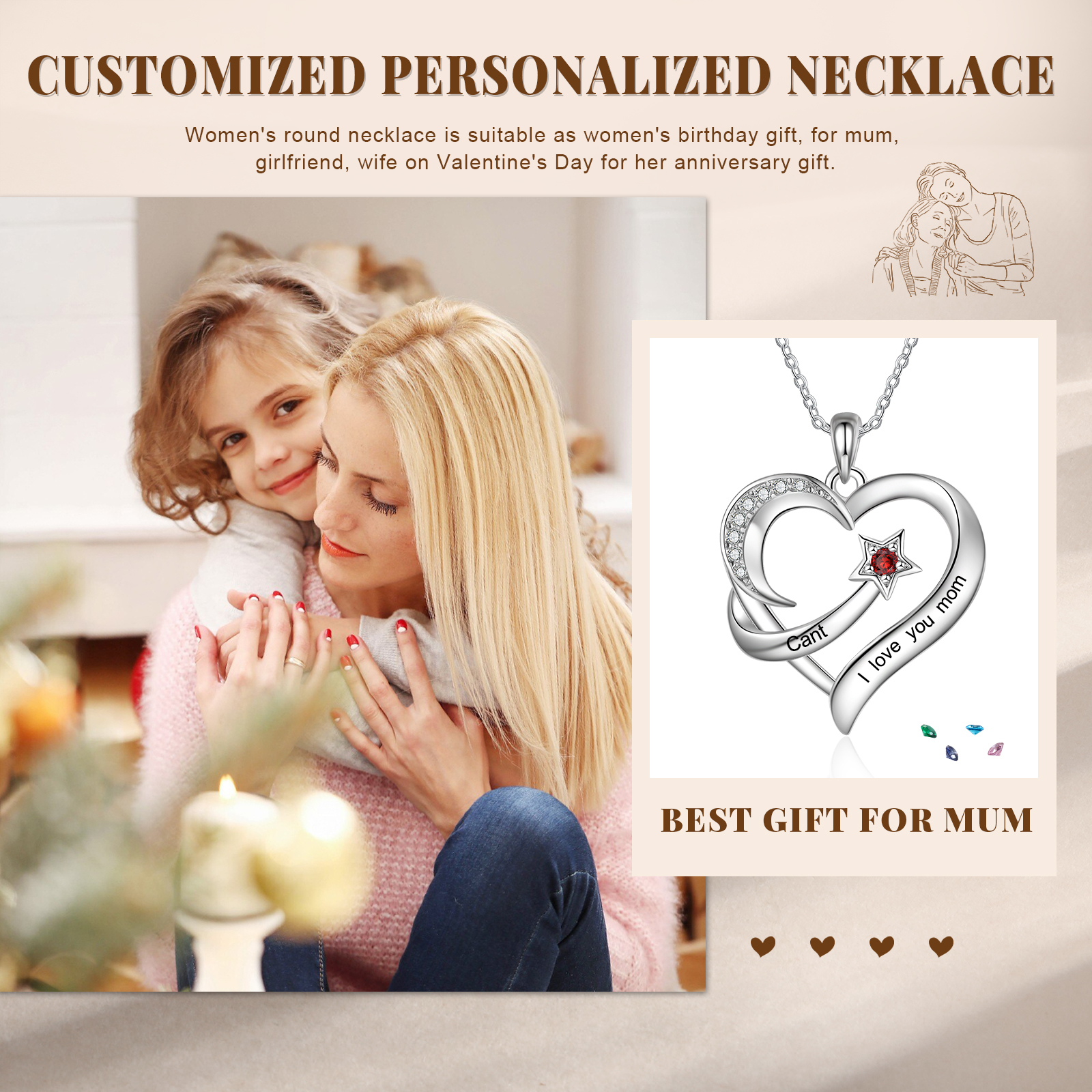 Collier cœur et étoile 1 Prénoms gravé Personnalisés avec Pierre de Naissance Collier Personnalisé Femme｜Jessemade