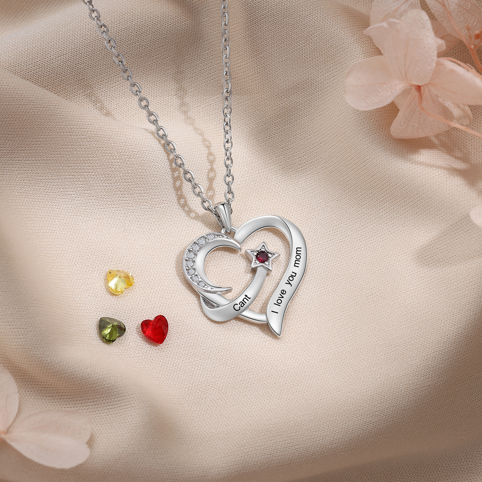 Collier cœur et étoile 1 Prénoms gravé Personnalisés avec Pierre de Naissance Collier Personnalisé Femme｜Jessemade