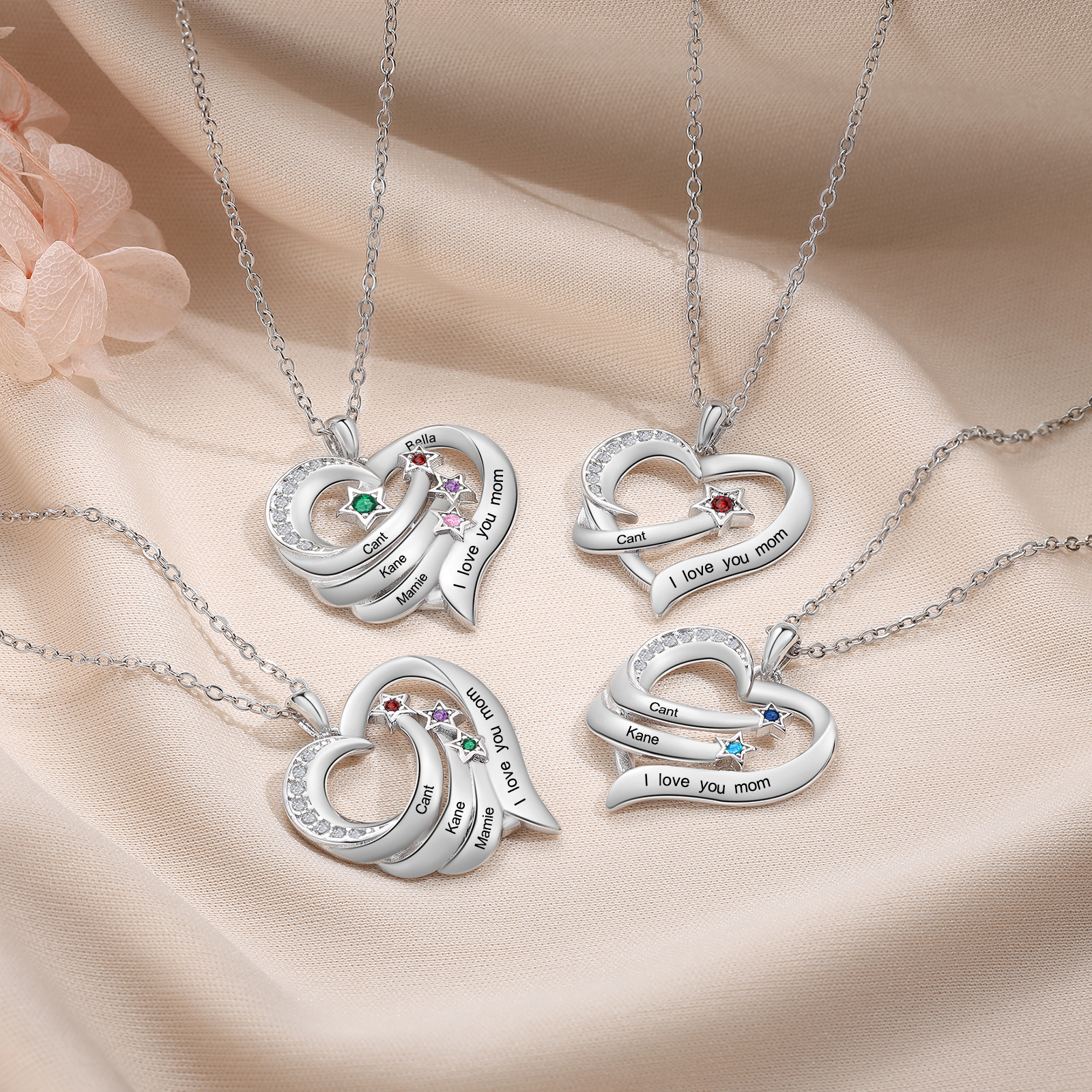 Collier cœur et étoile 2 Prénoms gravé Personnalisés avec Pierre de Naissance Collier Personnalisé Femme｜Jessemade