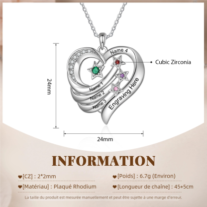 Collier cœur et étoile 3 Prénoms gravé Personnalisés avec Pierre de Naissance Collier Personnalisé Femme｜Jessemade