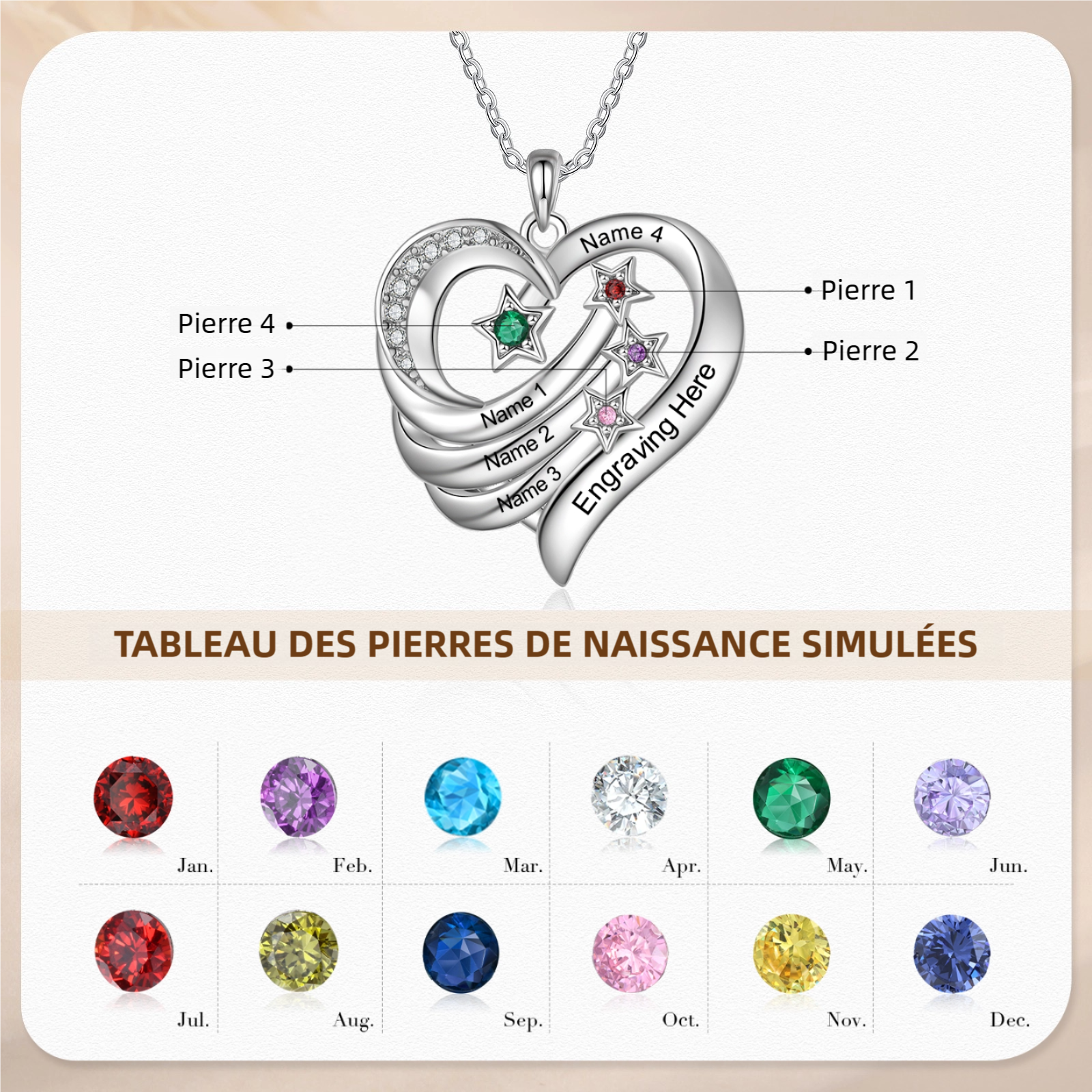 Collier cœur et étoile 3 Prénoms gravé Personnalisés avec Pierre de Naissance Collier Personnalisé Femme｜Jessemade