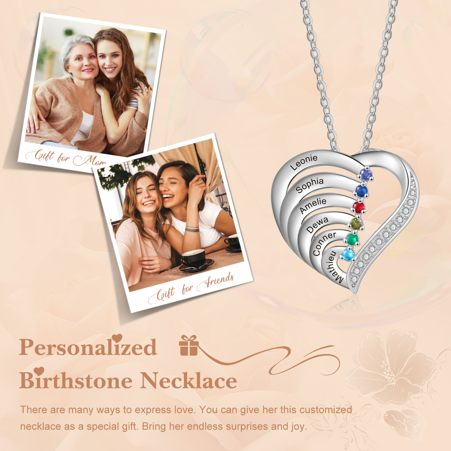 Collier Pendentif en forme de cœur Personnalisé avec 6 Gravures et 6 Pierres de Naissance | Jessemade