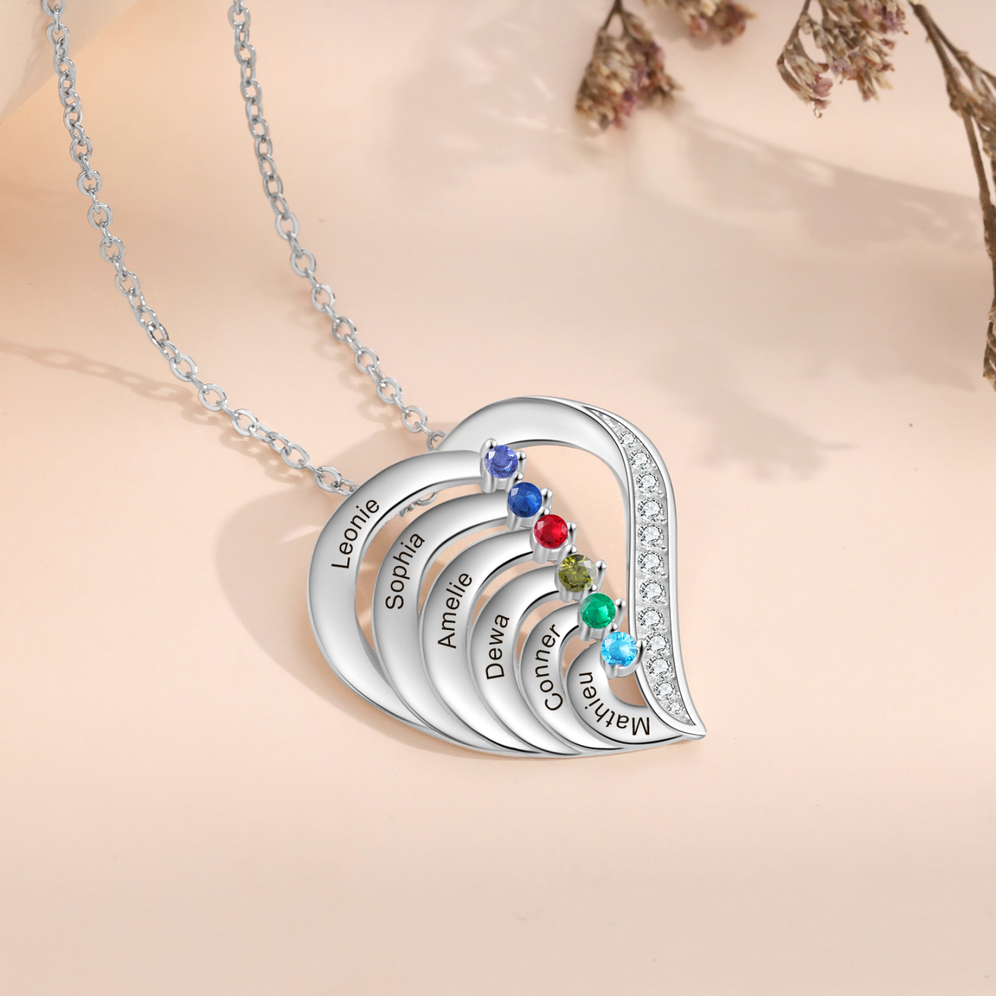Collier Pendentif en forme de cœur Personnalisé avec 6 Gravures et 6 Pierres de Naissance | Jessemade