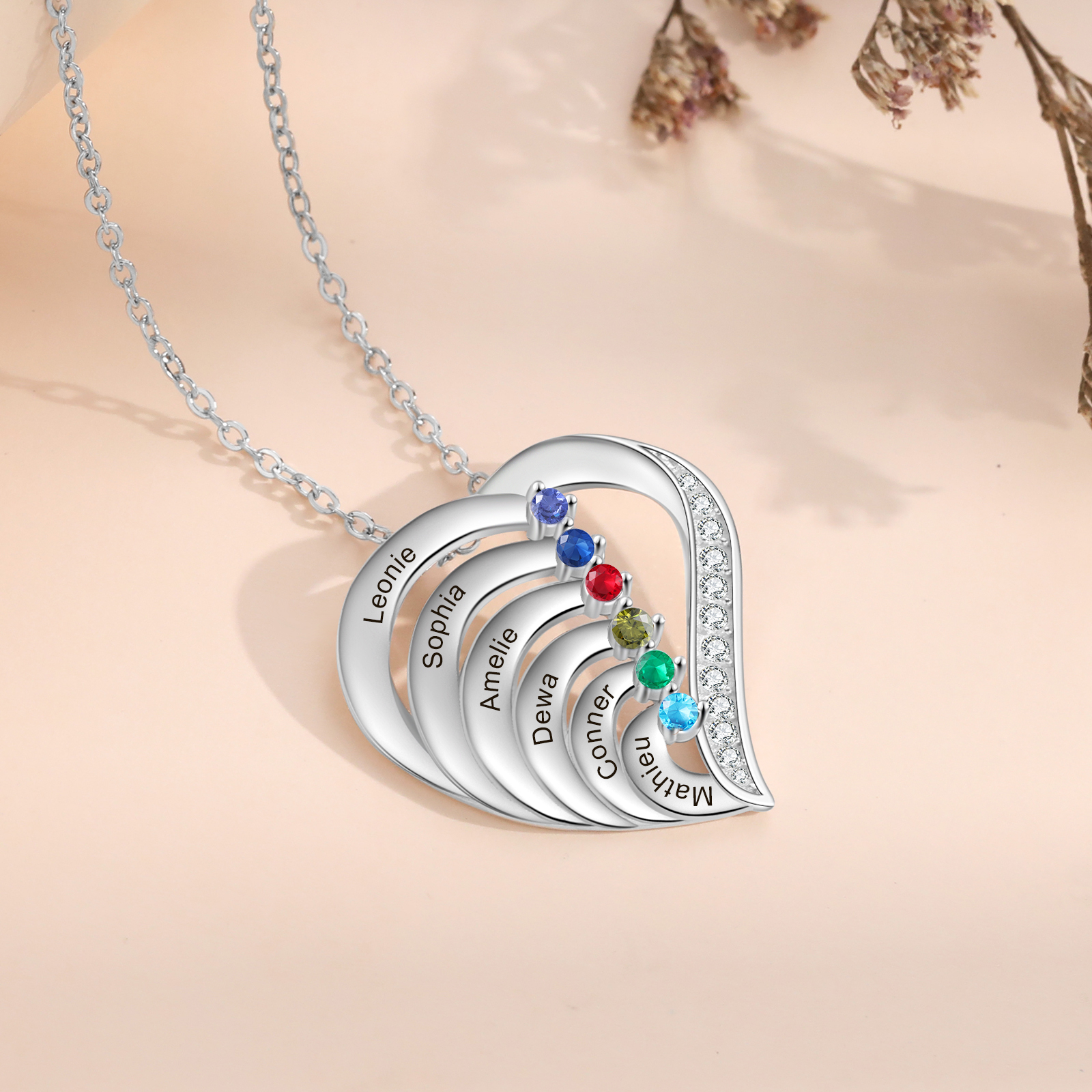 Collier Pendentif en forme de cœur Personnalisé avec 6 Gravures et 6 Pierres de Naissance | Jessemade