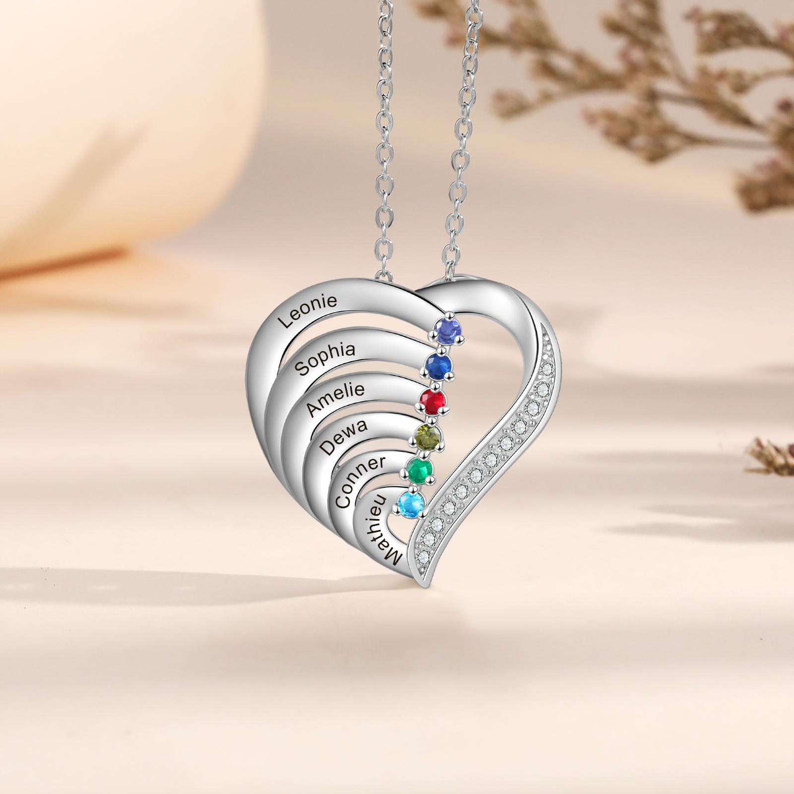 Collier Prénom cœur Argent 925 6 Prénoms personnalisé avec 6 pierres de naissance Cadeau pour femme | Jessemade