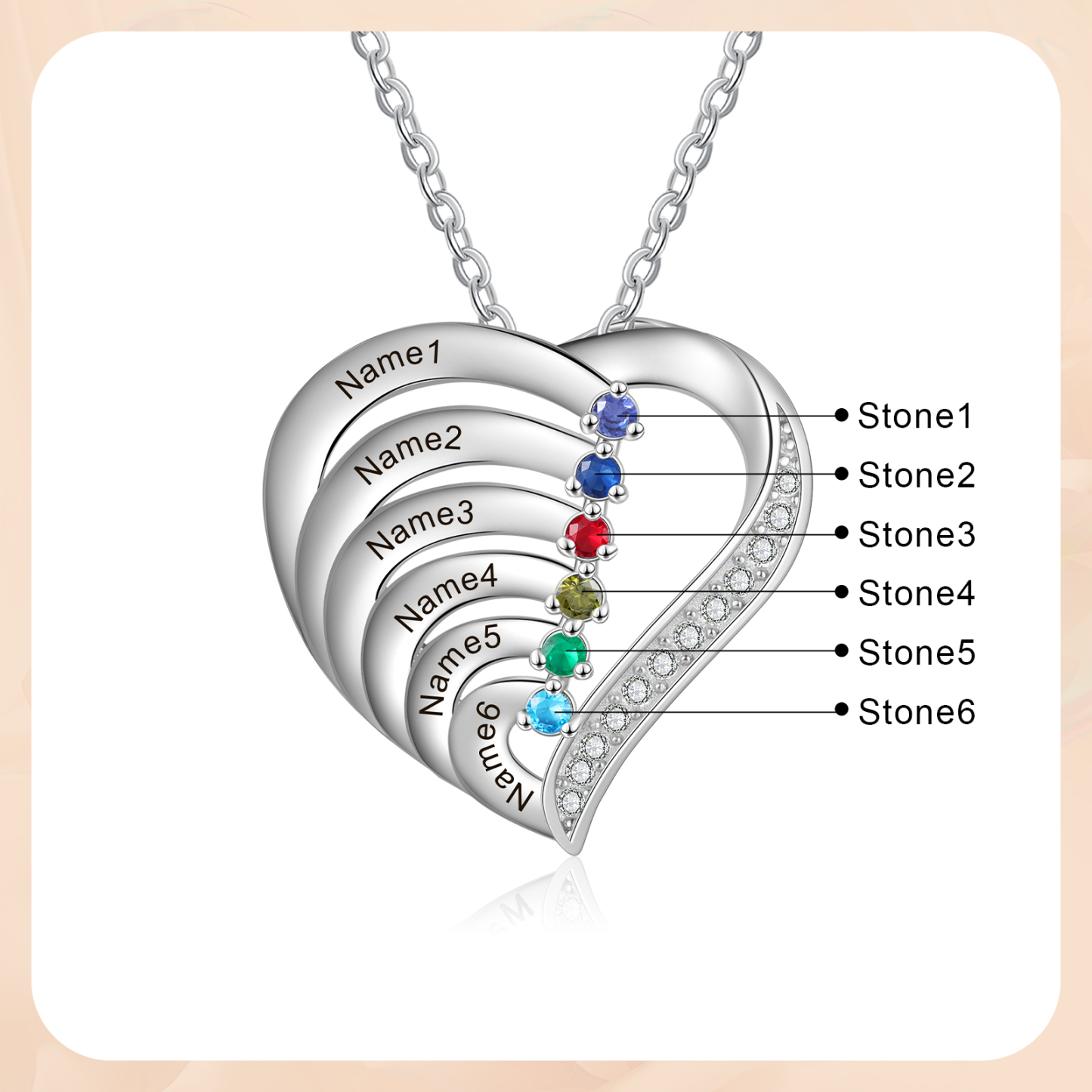 Collier Pendentif en forme de cœur Personnalisé avec 6 Gravures et 6 Pierres de Naissance | Jessemade