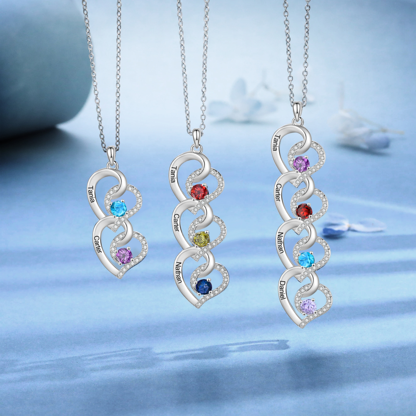 Collier cœur 2 Prénoms Personnalisés avec pierre de naissance Collier Personnalisé Femme Cadeau pour femme| Jessemade
