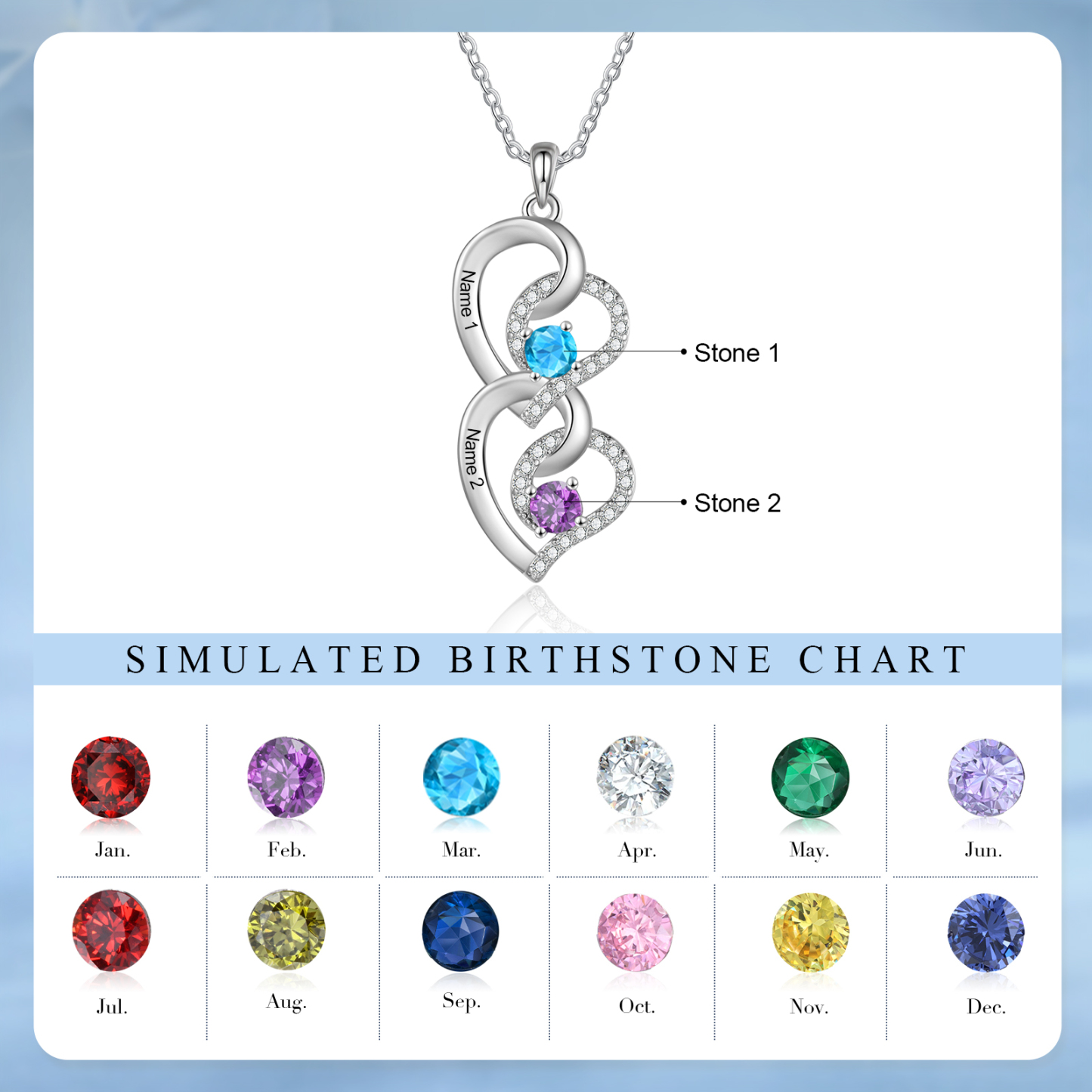 Collier cœur 2 Prénoms Personnalisés avec pierre de naissance Collier Personnalisé Femme Cadeau pour femme| Jessemade