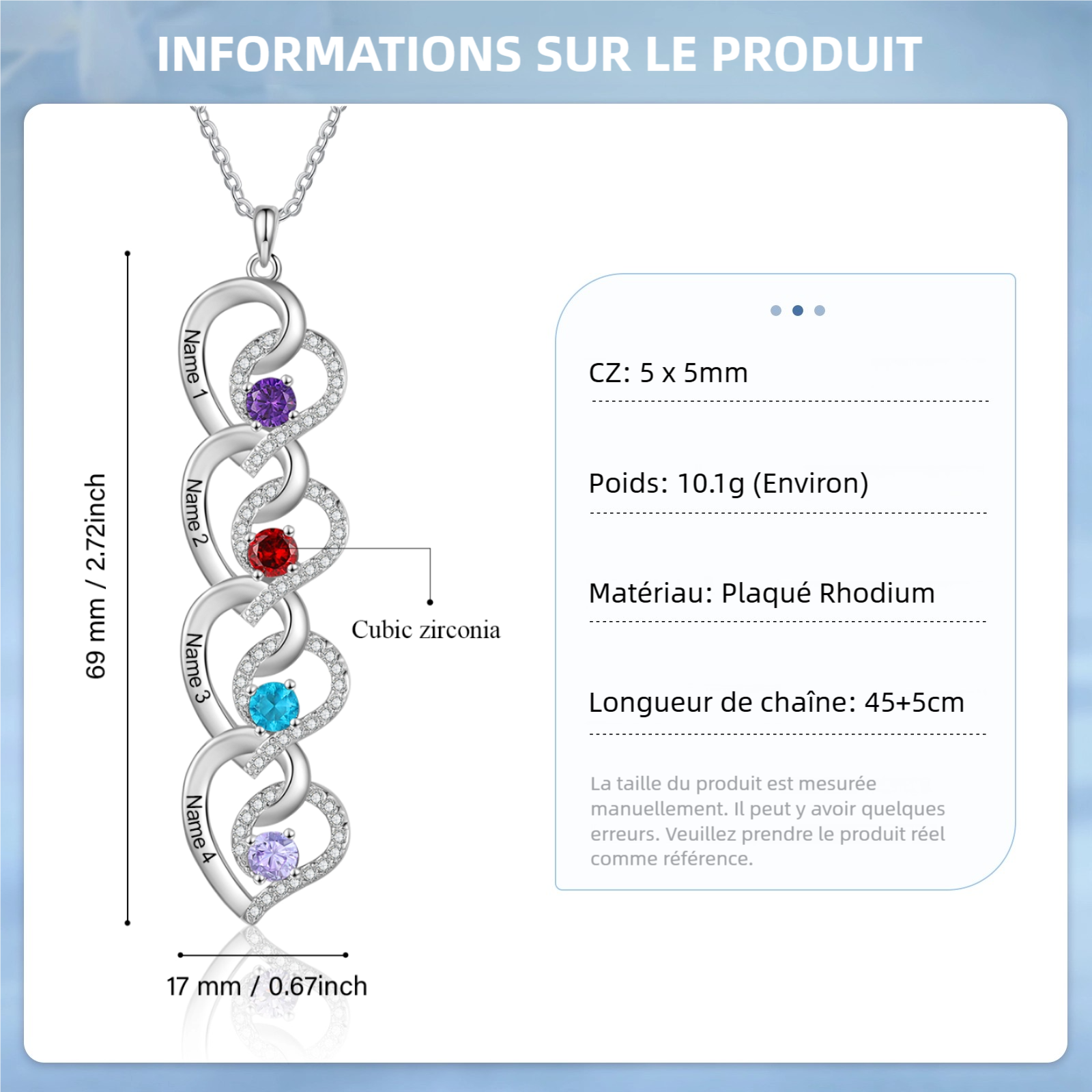 Collier cœur 2-4 Prénoms Personnalisés avec pierre de naissance Collier Personnalisé Femme Cadeau pour femme| Jessemade