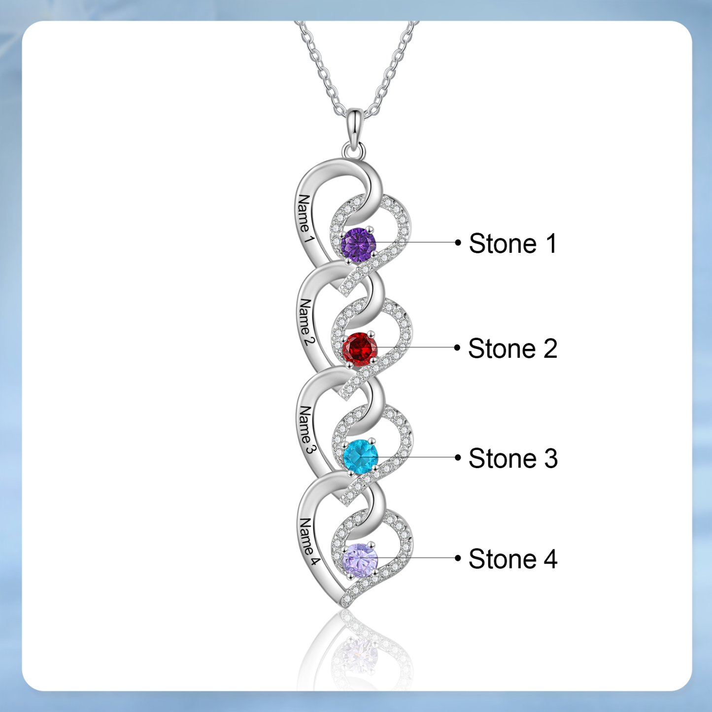 Collier cœur 4 Prénoms Personnalisés avec pierre de naissance Collier Personnalisé Femme Cadeau pour femme| Jessemade