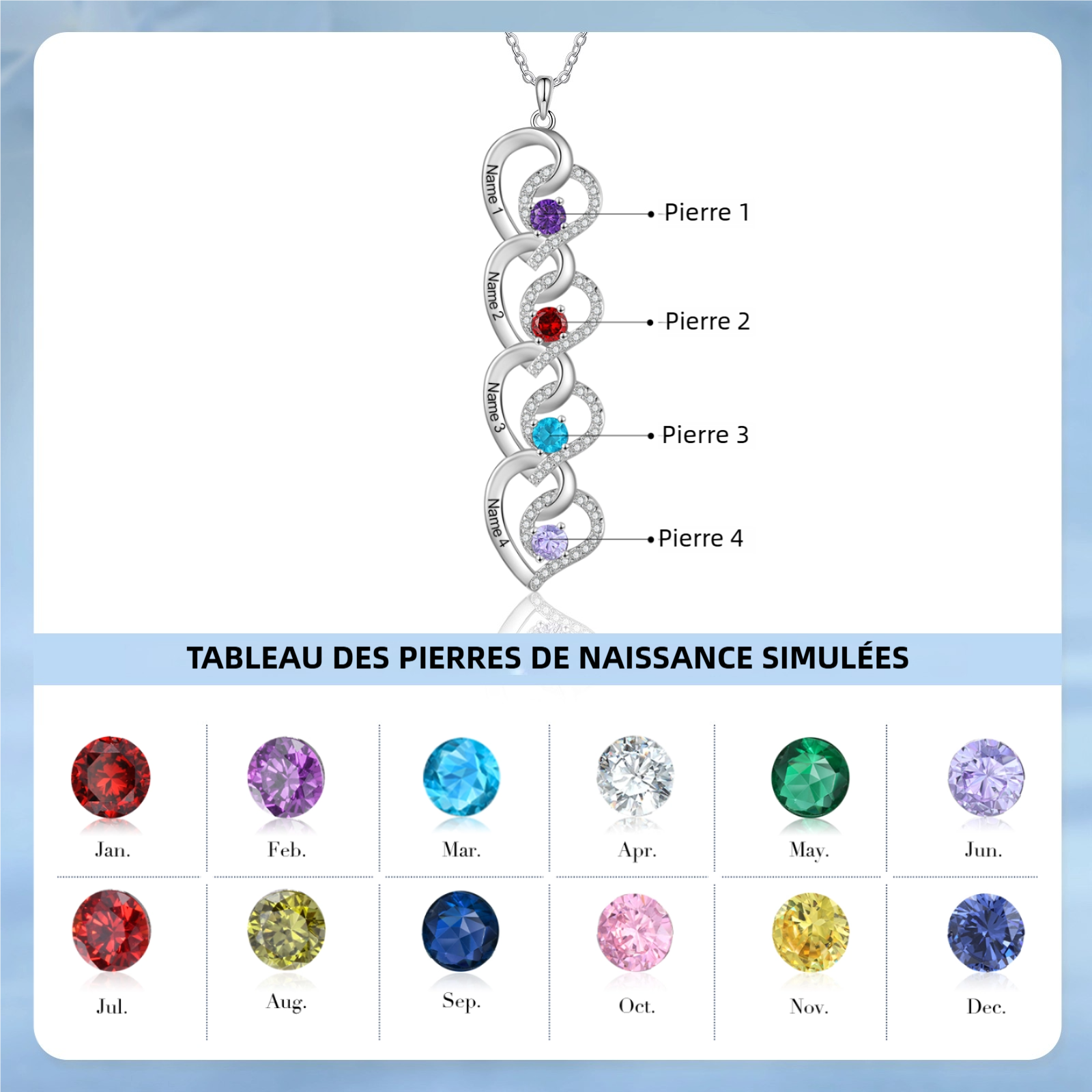 Collier cœur 2-4 Prénoms Personnalisés avec pierre de naissance Collier Personnalisé Femme Cadeau pour femme| Jessemade