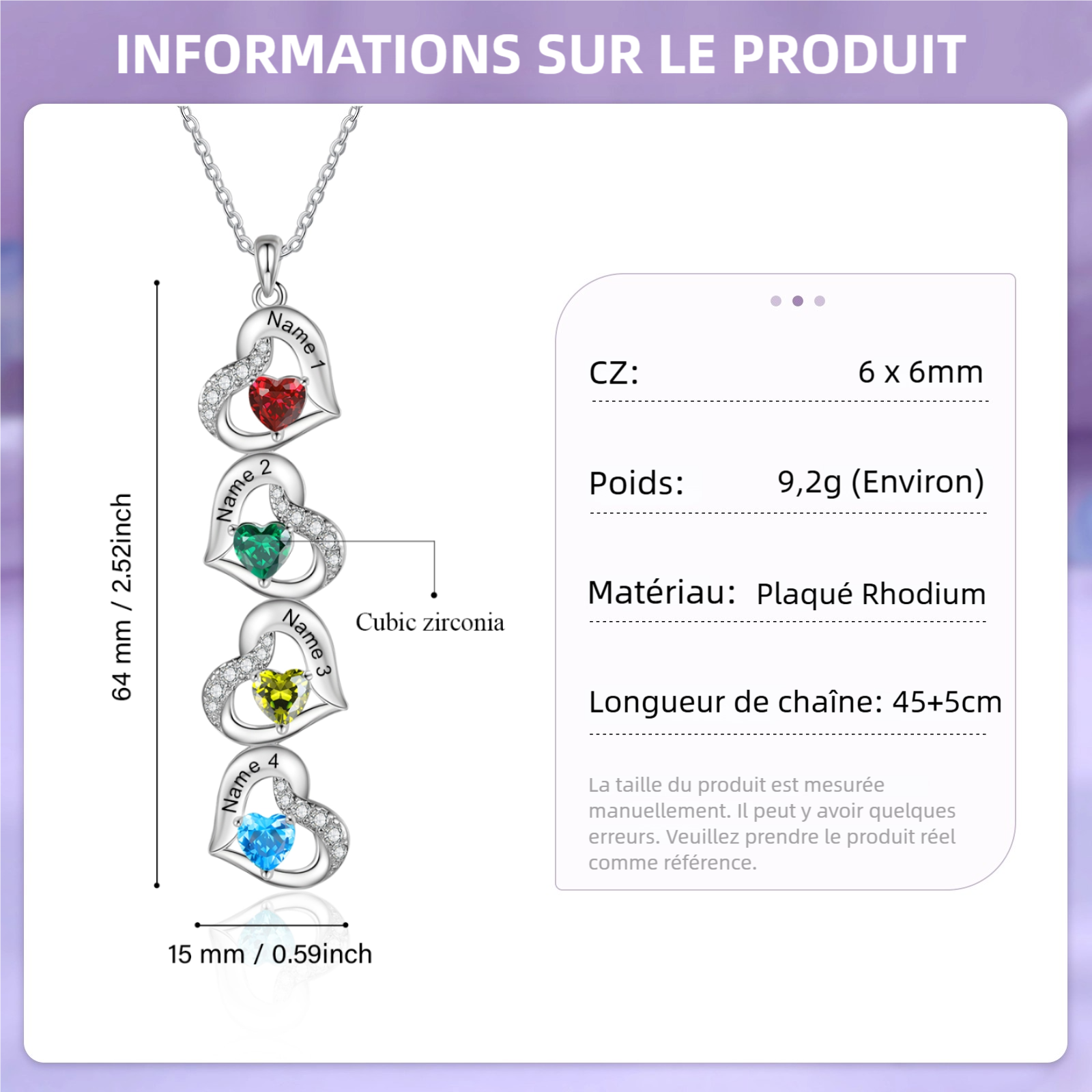 Collier cœur 2-4 Prénoms Personnalisés avec pierre de naissance Collier Personnalisé Femme Cadeau Émotionnel pour femme| Jessemade