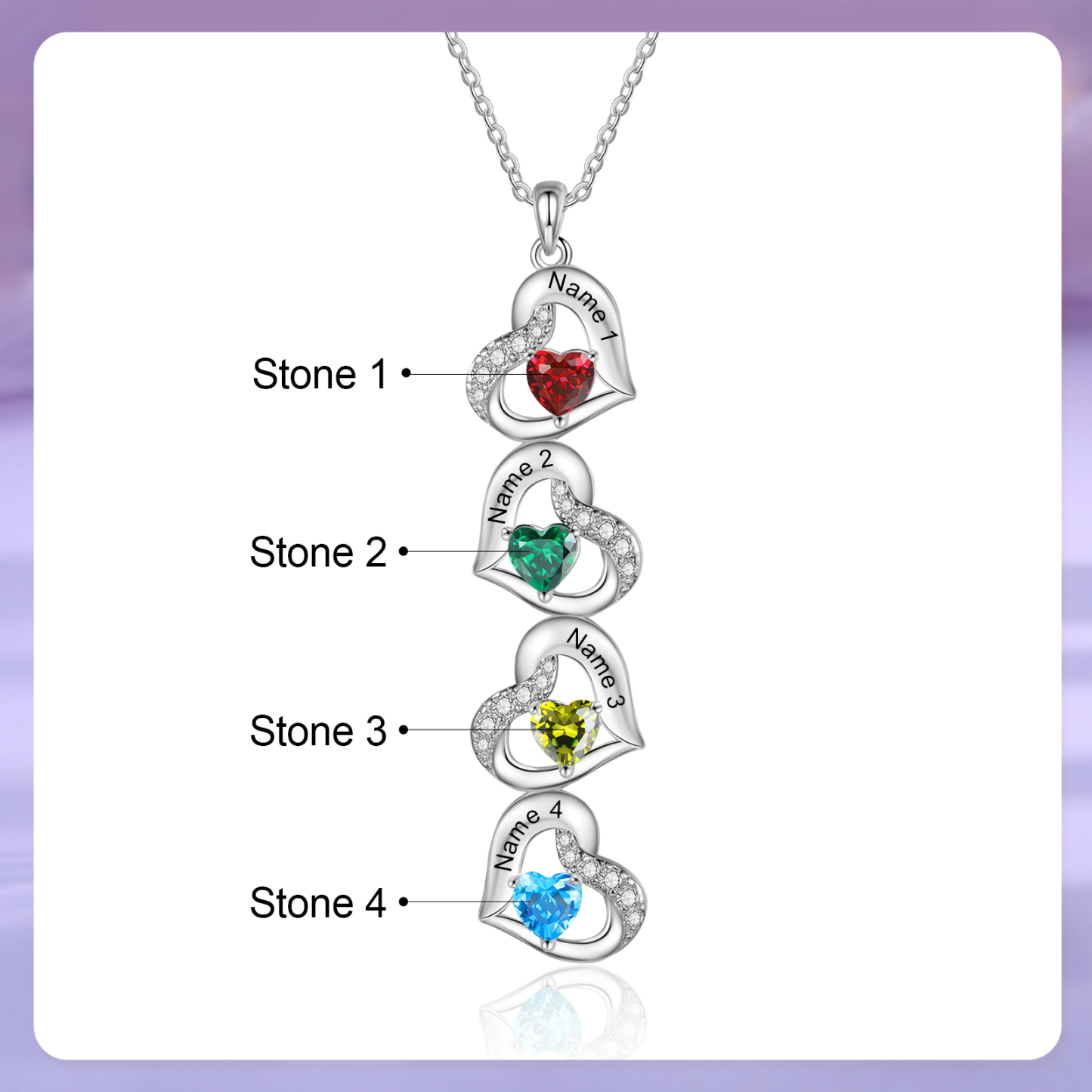 Collier cœur 4 Prénoms Personnalisés avec pierre de naissance Collier Personnalisé Femme Cadeau Émotionnel pour femme| Jessemade