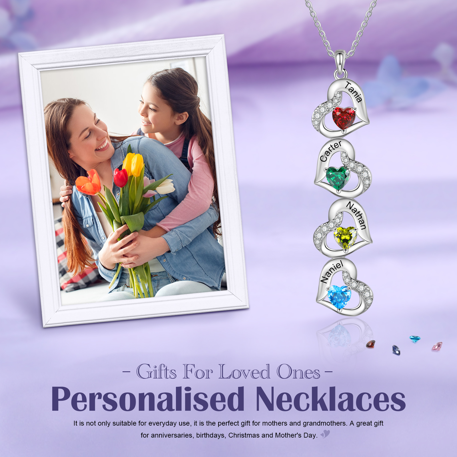 Collier cœur 4 Prénoms Personnalisés avec pierre de naissance Collier Personnalisé Femme Cadeau Émotionnel pour femme| Jessemade