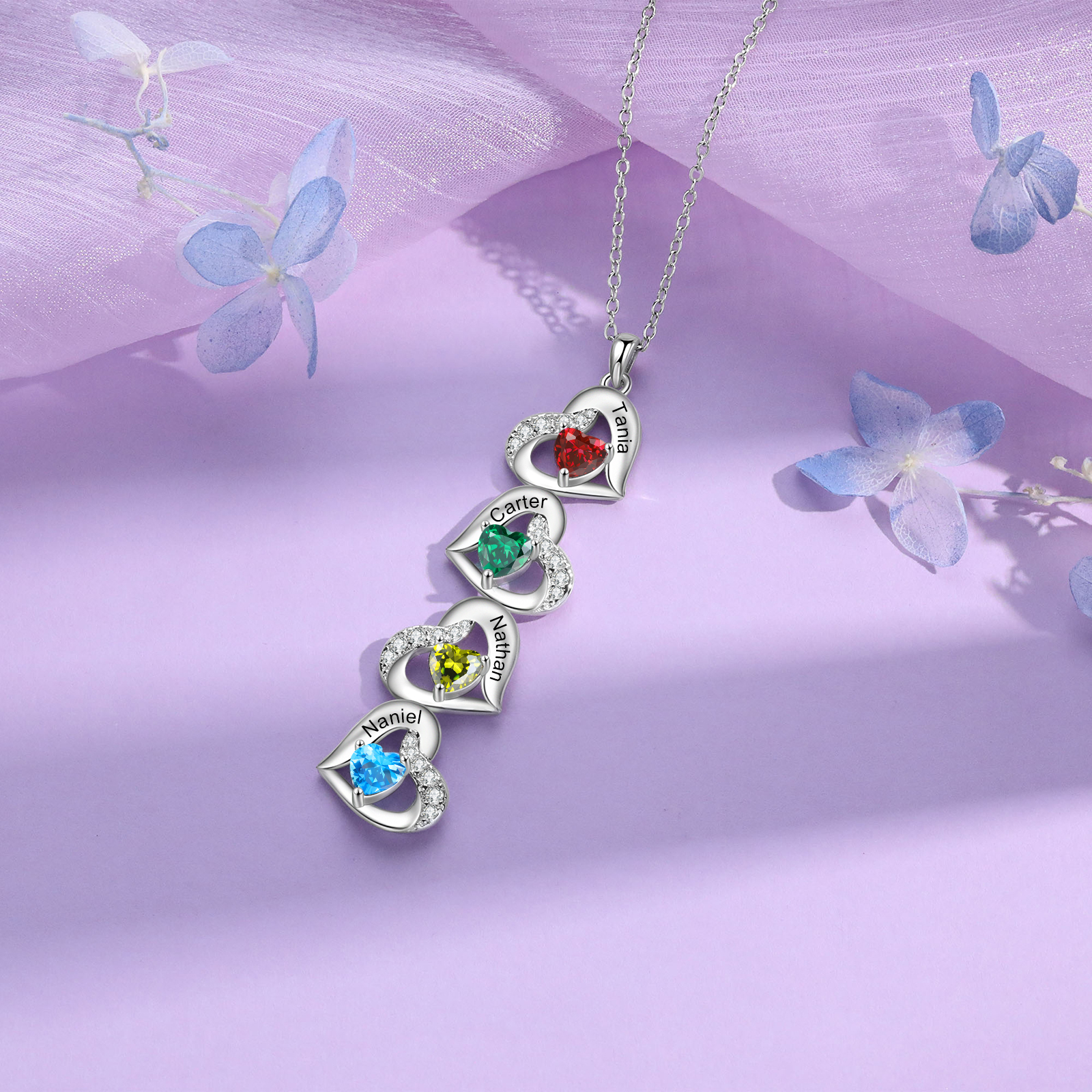 Collier cœur 4 Prénoms Personnalisés avec pierre de naissance Collier Personnalisé Femme Cadeau Émotionnel pour femme| Jessemade
