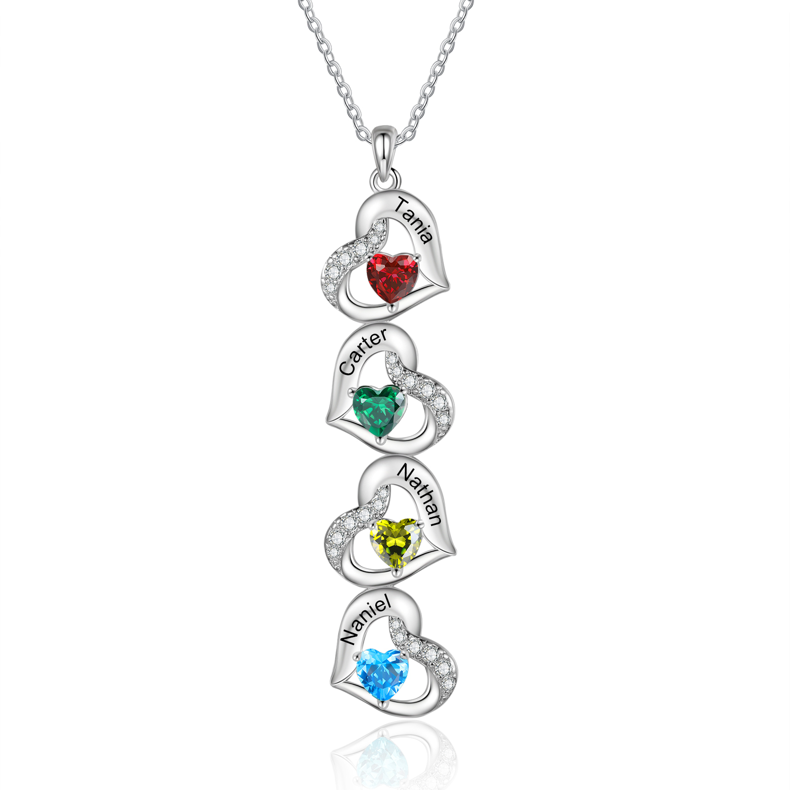 Collier cœur 4 Prénoms Personnalisés avec pierre de naissance Collier