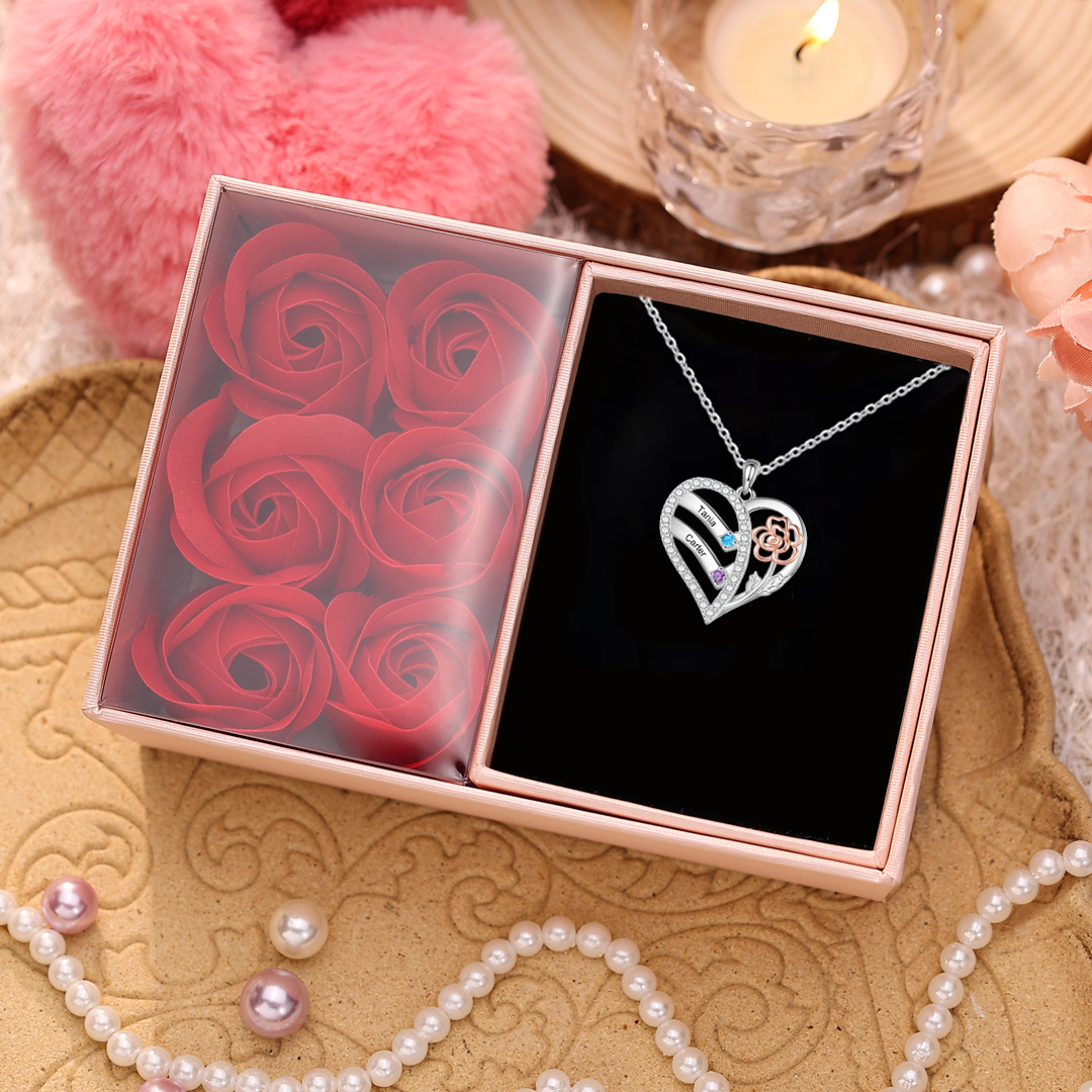 Collier Coeur Personnalisé avec 2-4 Prénoms Gravures et Pierres de naissance Collier Personnalisé Cœur et Fleur pour Femme | Jessemade