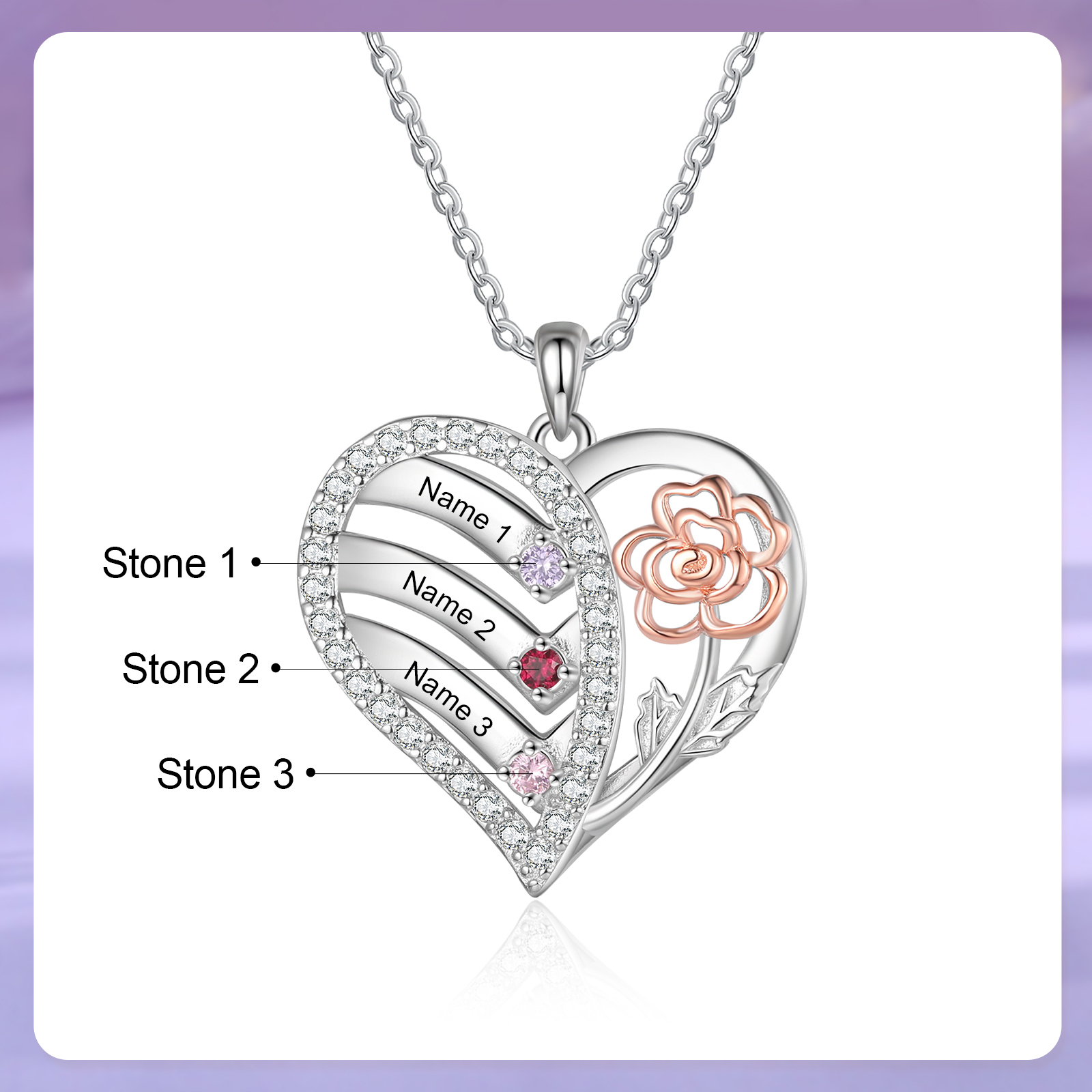 Collier Pendentif Personnalisé avec 3 Prénoms et 3 Pierres de naissance Cœur et Fleur collier personnalisé | Jessemade