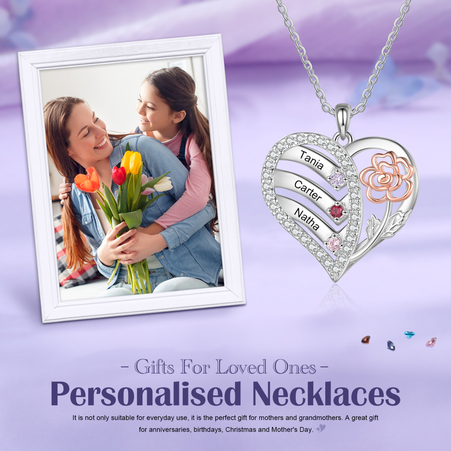Collier Pendentif Personnalisé avec 3 Prénoms et 3 Pierres de naissance Cœur et Fleur collier personnalisé | Jessemade