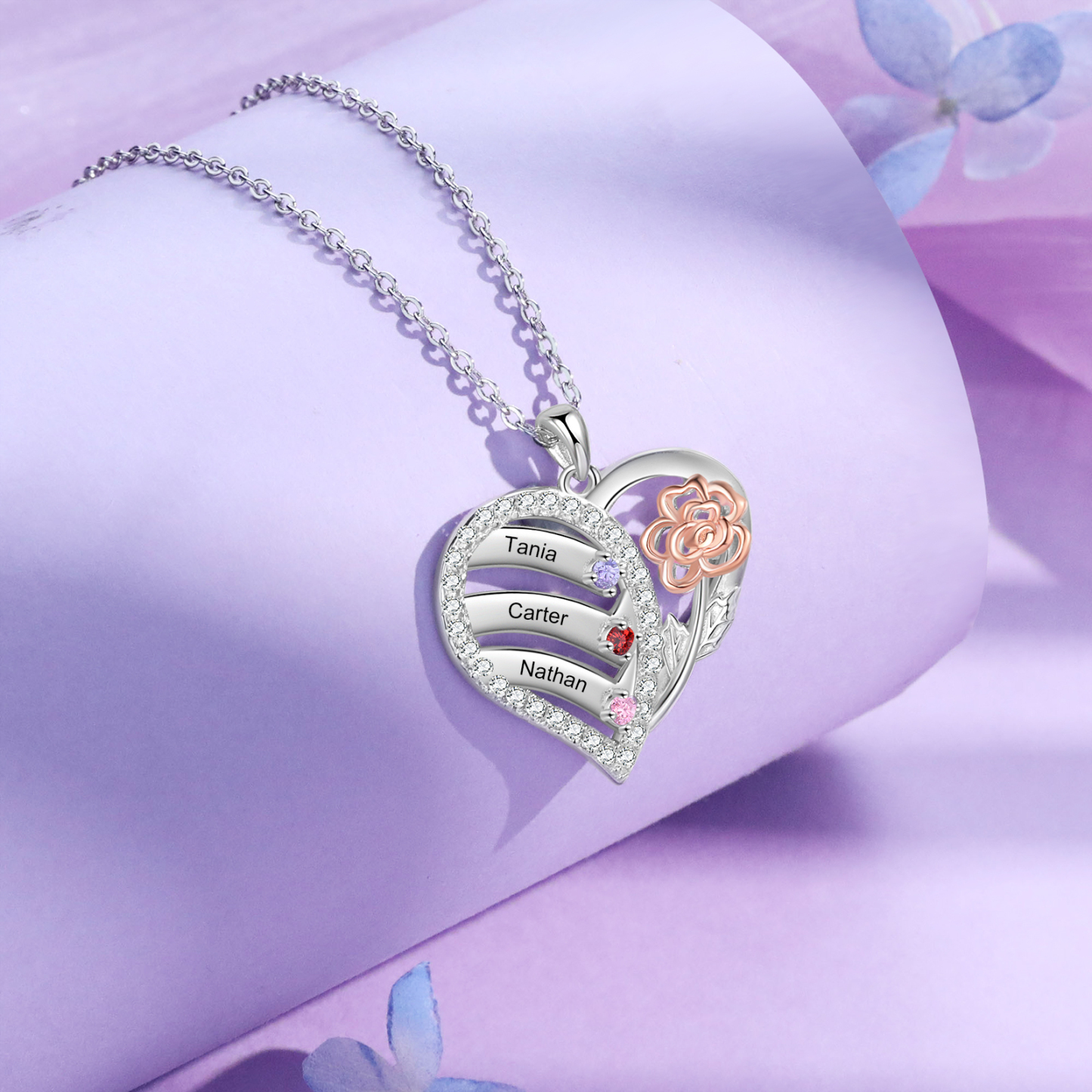Collier Pendentif Personnalisé avec 3 Prénoms et 3 Pierres de naissance Cœur et Fleur collier personnalisé | Jessemade
