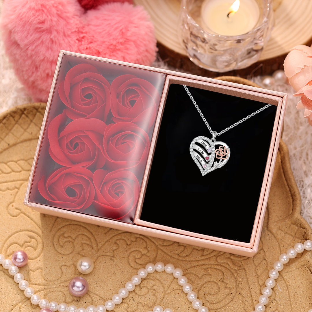 Collier Coeur Personnalisé avec 2-4 Prénoms Gravures et Pierres de naissance Collier Personnalisé Cœur et Fleur pour Femme | Jessemade