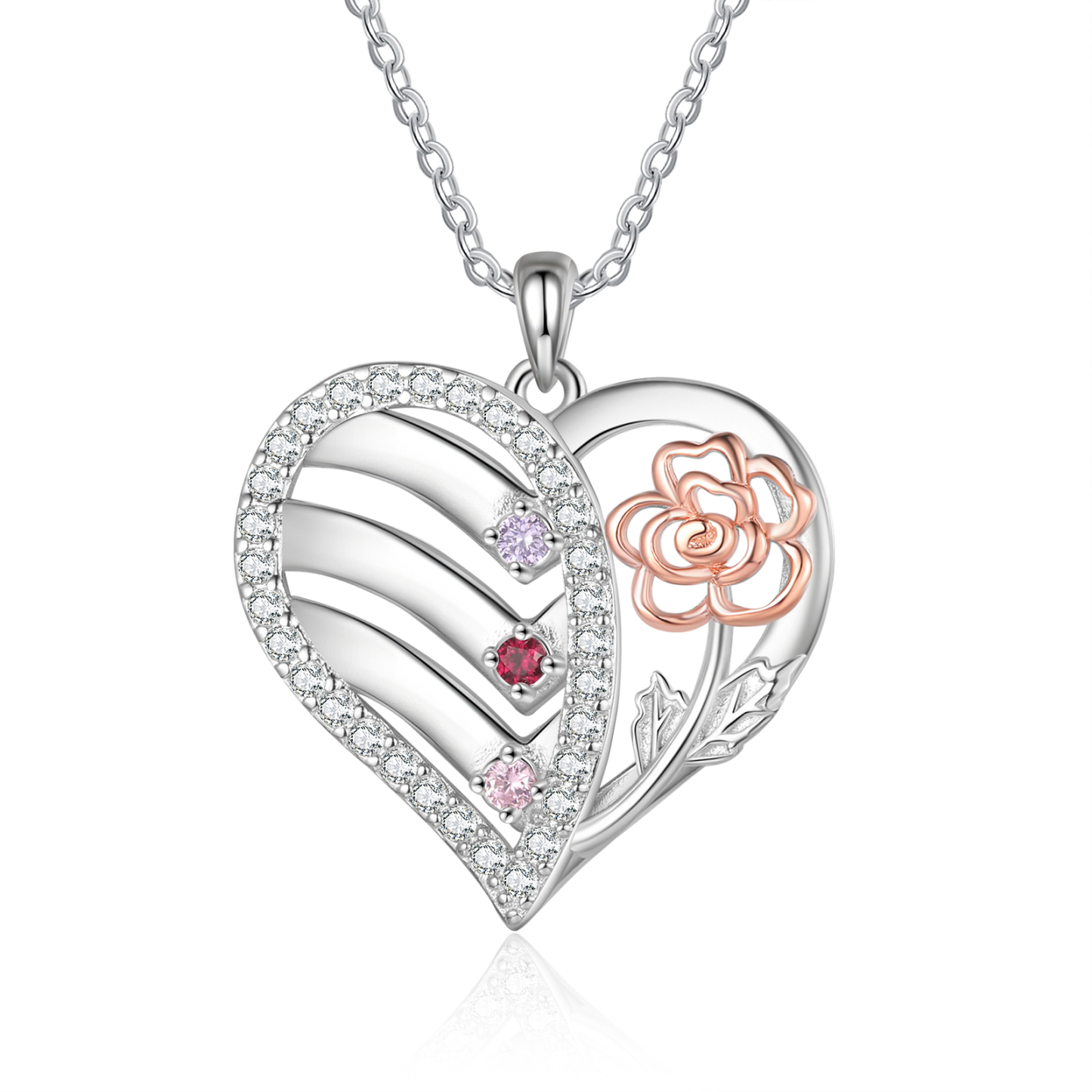 Collier Pendentif Personnalisé avec 3 Prénoms et 3 Pierres de naissance Cœur et Fleur collier personnalisé | Jessemade