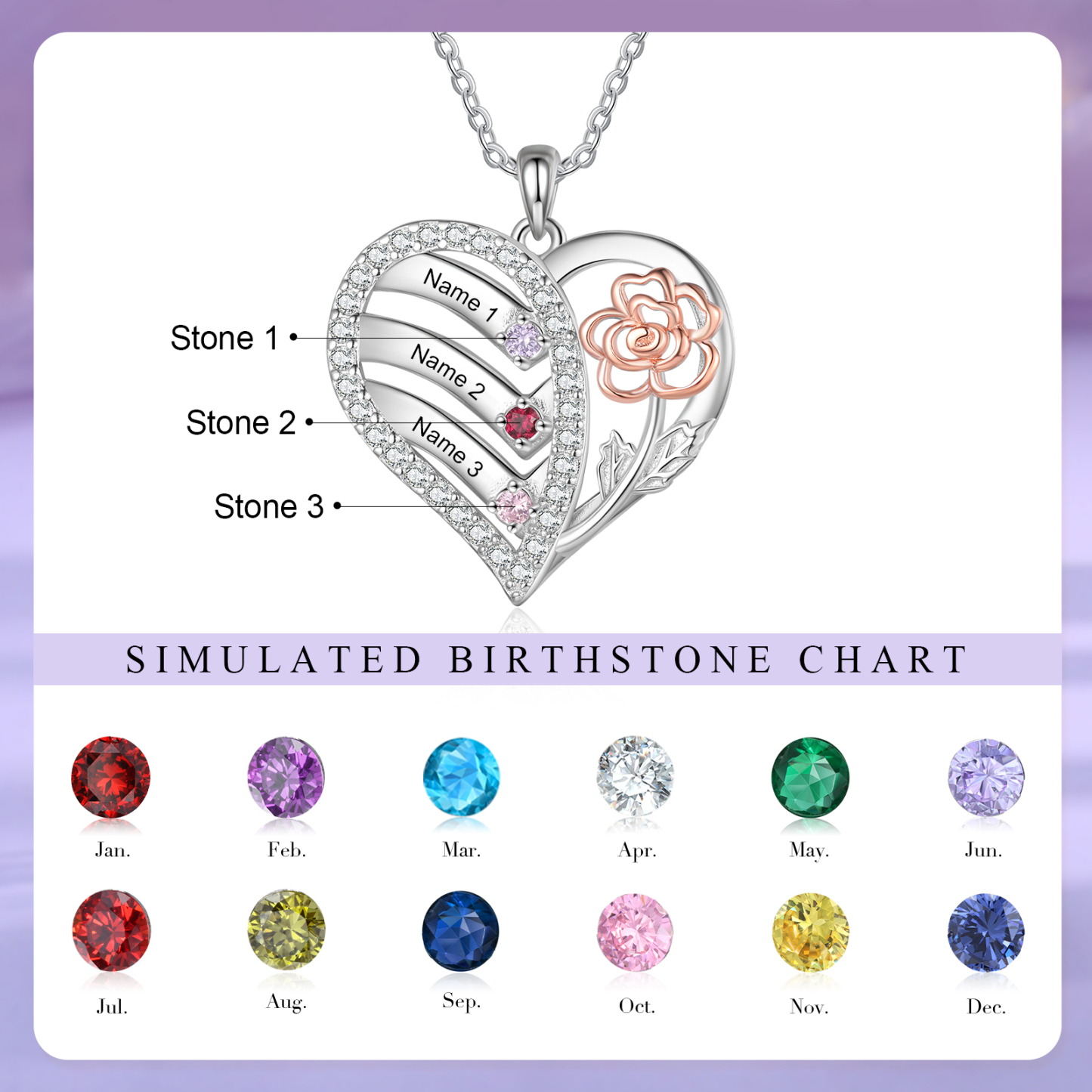 Collier Pendentif Personnalisé avec 3 Prénoms et 3 Pierres de naissance Cœur et Fleur collier personnalisé | Jessemade