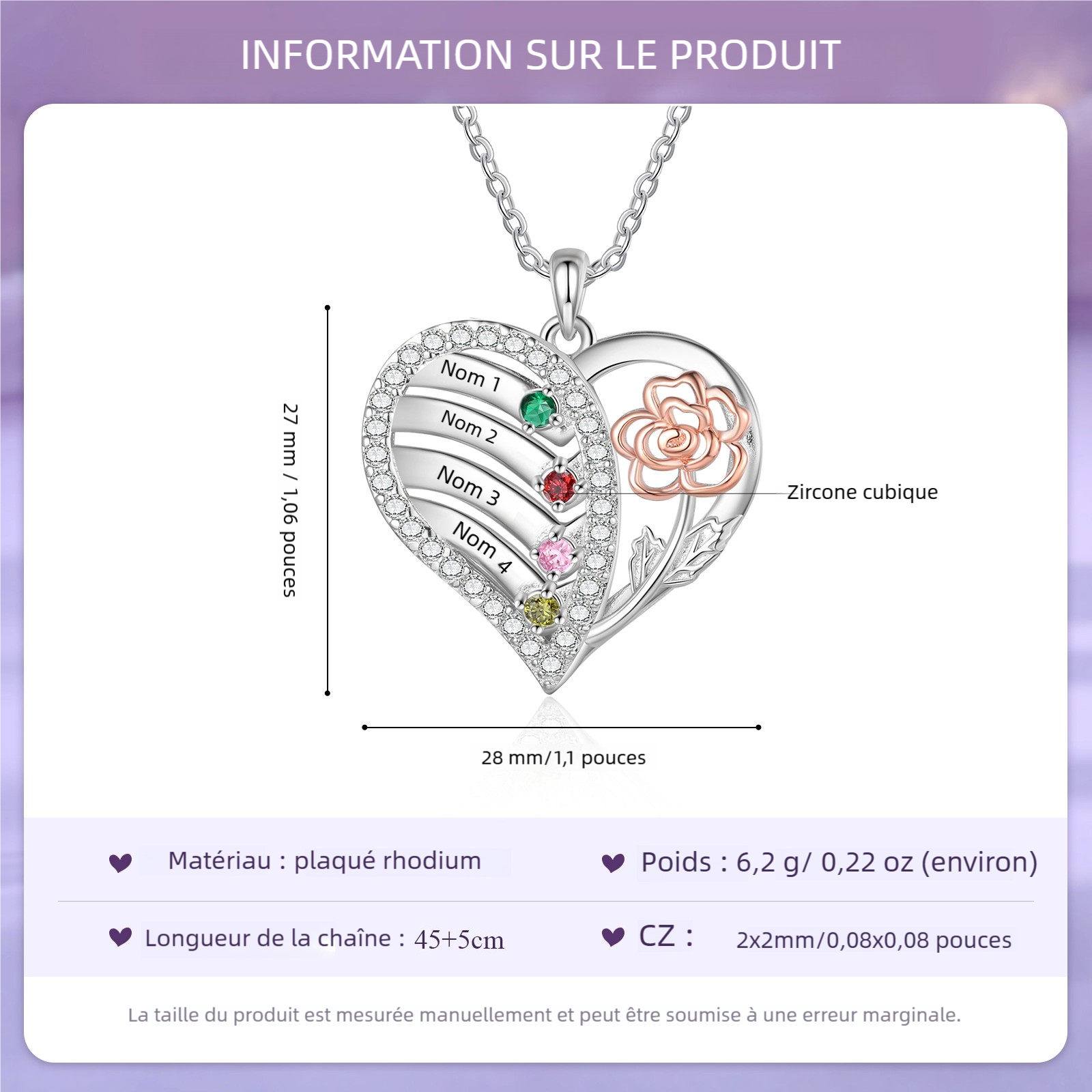 Collier Coeur Personnalisé avec 2-4 Prénoms Gravures et Pierres de naissance Collier Personnalisé Cœur et Fleur pour Femme | Jessemade