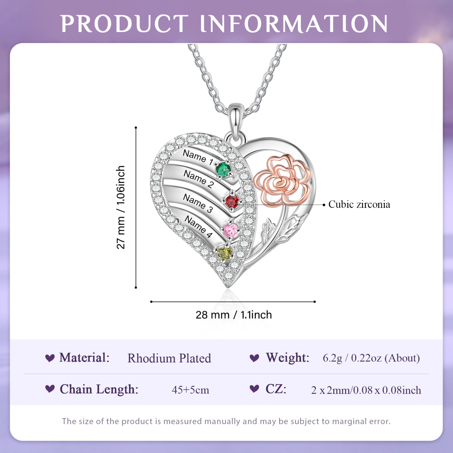 Collier Pendentif 4 Prénoms et 4 Pierres de Naissance Personnalisés Cœur et Fleur collier personnalisé | Jessemade