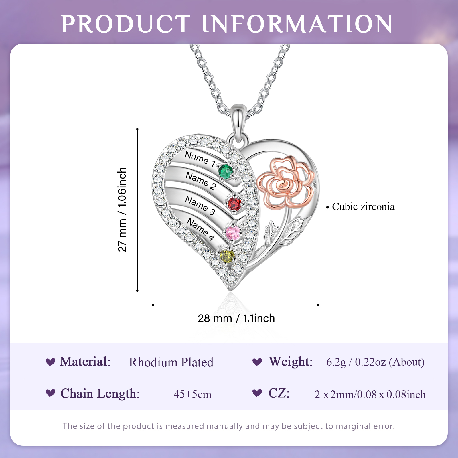 Collier Pendentif 4 Prénoms et 4 Pierres de Naissance Personnalisés Cœur et Fleur collier personnalisé | Jessemade