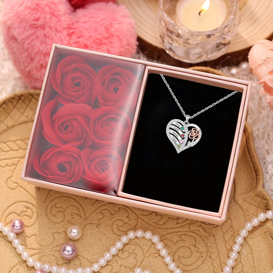 Collier Coeur Personnalisé avec 2-4 Prénoms Gravures et Pierres de naissance Collier Personnalisé Cœur et Fleur pour Femme | Jessemade