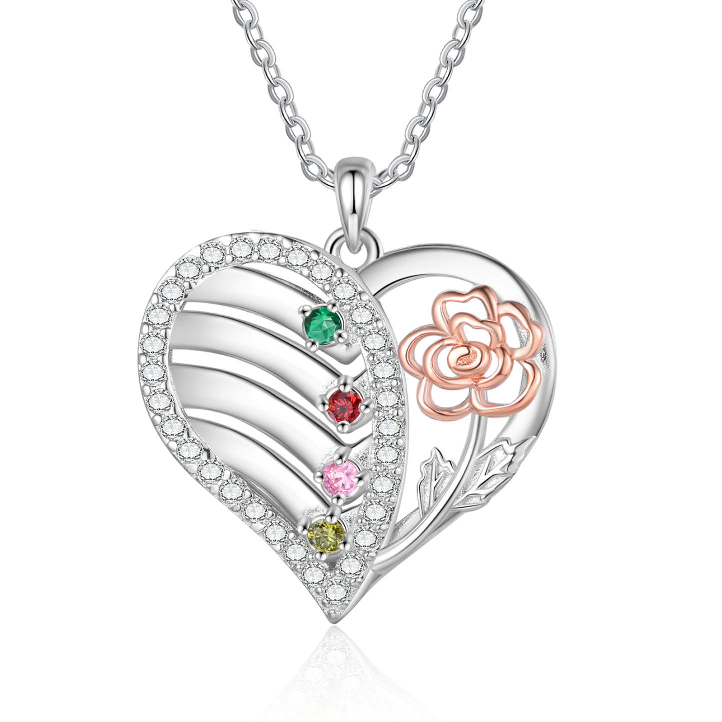 Collier Pendentif 4 Prénoms et 4 Pierres de Naissance Personnalisés Cœur et Fleur collier personnalisé | Jessemade