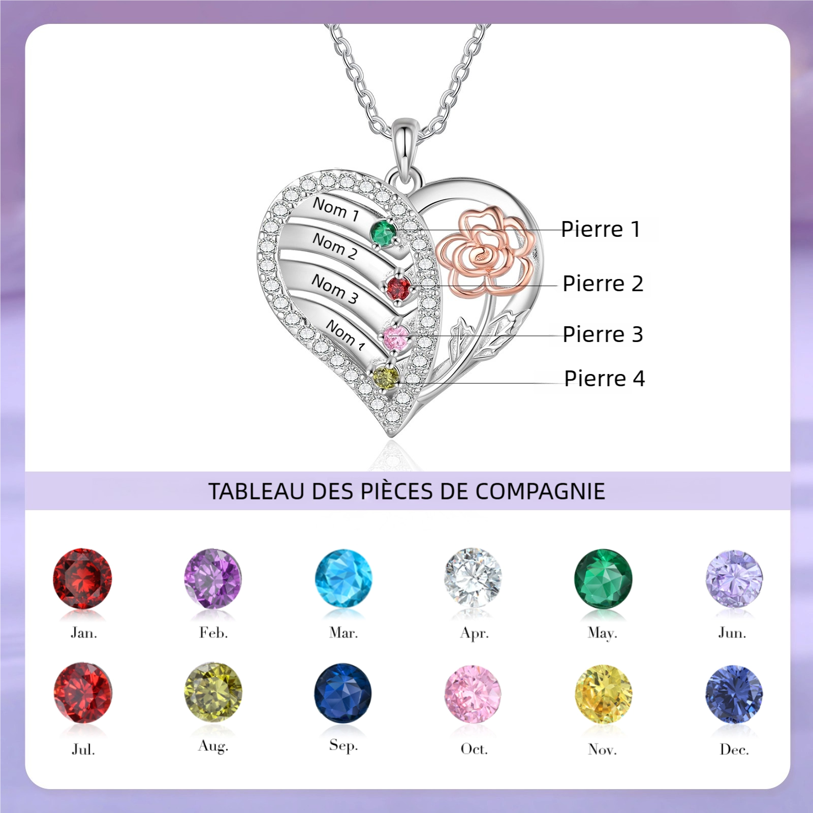 Collier Coeur Personnalisé avec 2-4 Prénoms Gravures et Pierres de naissance Collier Personnalisé Cœur et Fleur pour Femme | Jessemade