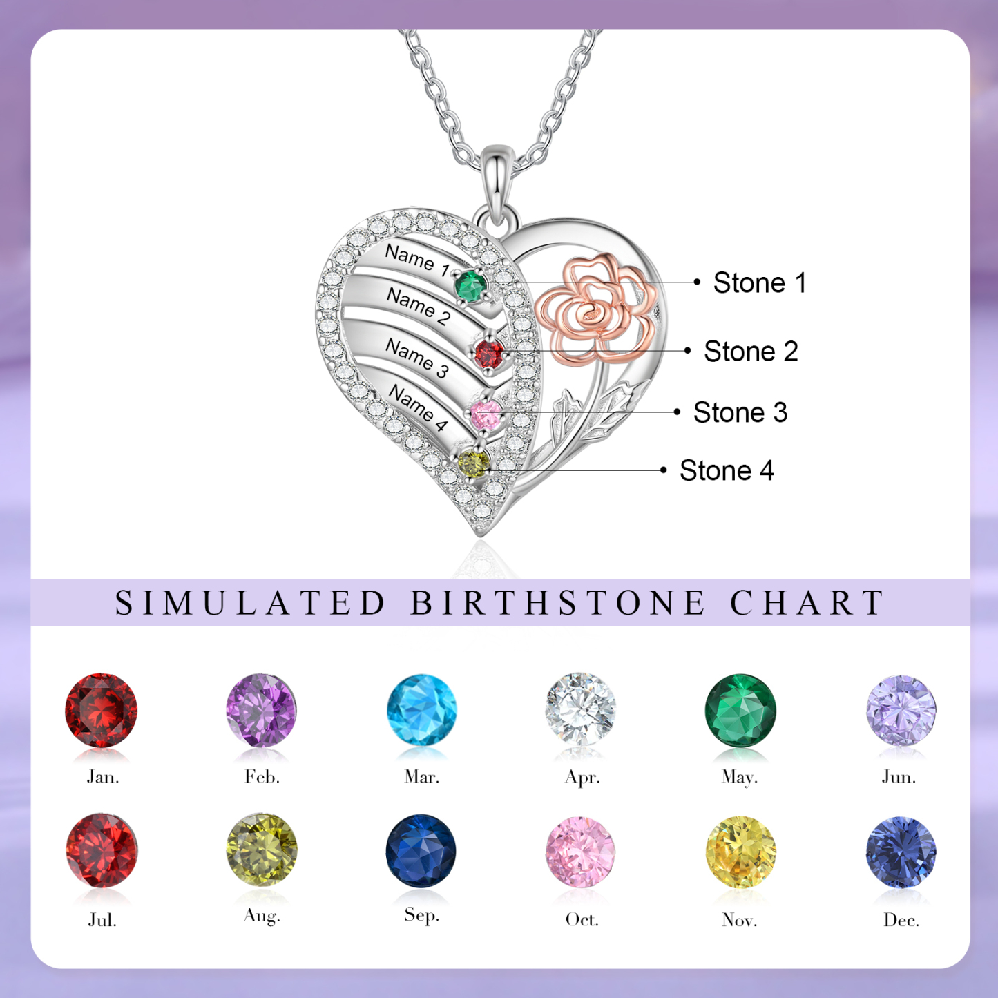 Collier Pendentif 4 Prénoms et 4 Pierres de Naissance Personnalisés Cœur et Fleur collier personnalisé | Jessemade
