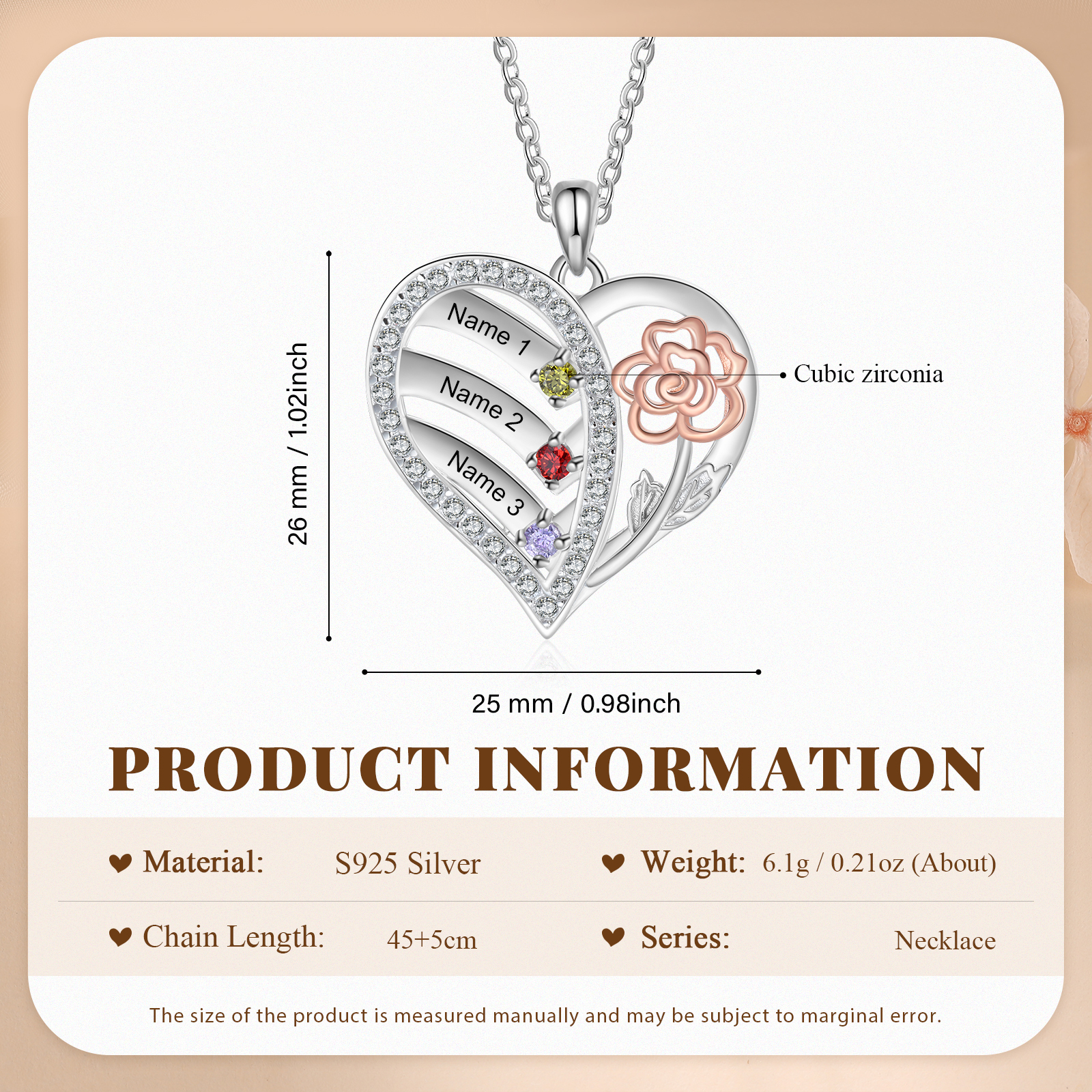 Collier Coeur Rose 3 Prénoms Personnalisés avec Pierres de naissance pour Femmes|Jessemade