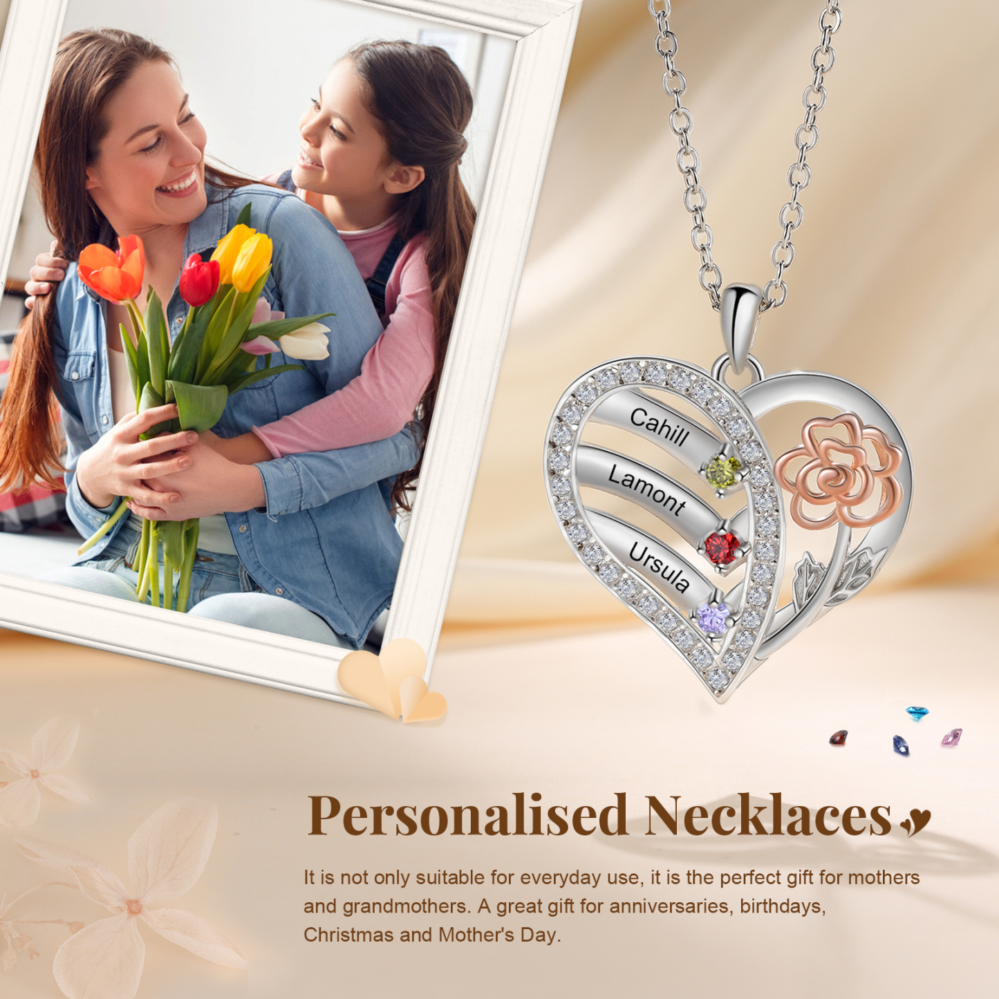 Collier Coeur Rose 3 Prénoms Personnalisés avec Pierres de naissance pour Femmes|Jessemade